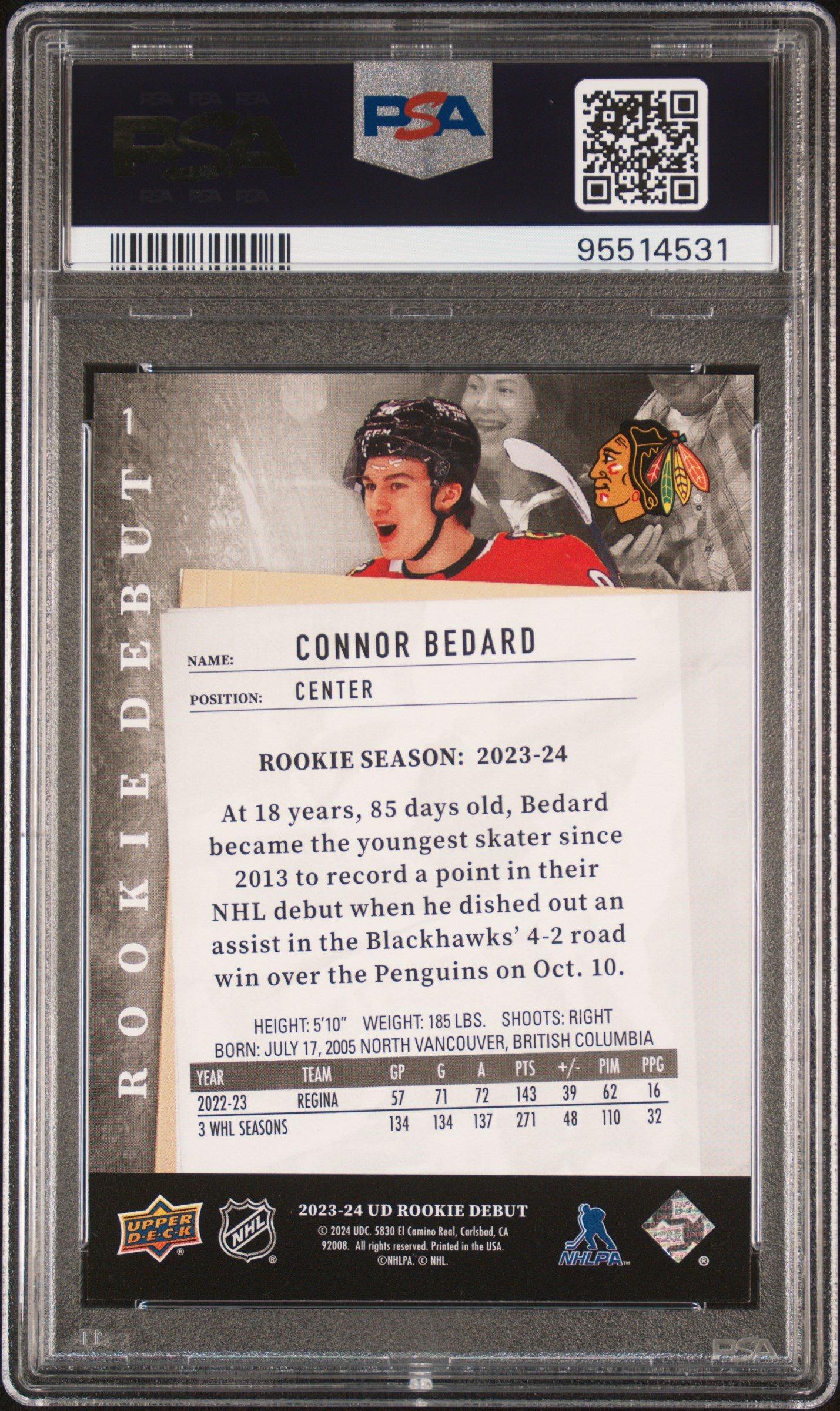 2023 Upper Deck Rookie Debut 1 Connor Bedard Variation Achievement-red PSA 10