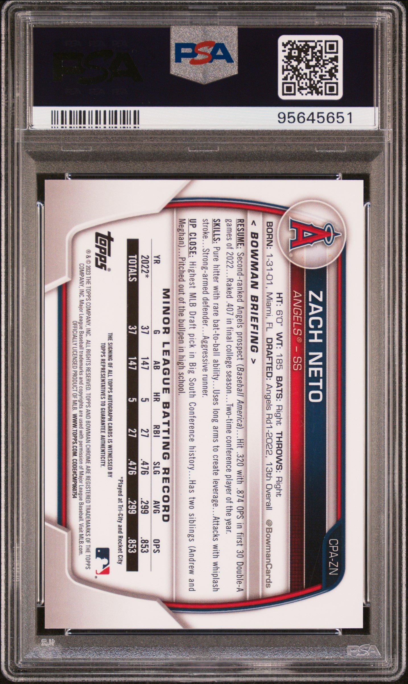 2023 Bowman Chrome Prospect Autographs Cpazn Zach Neto Blue Refractor PSA 10
