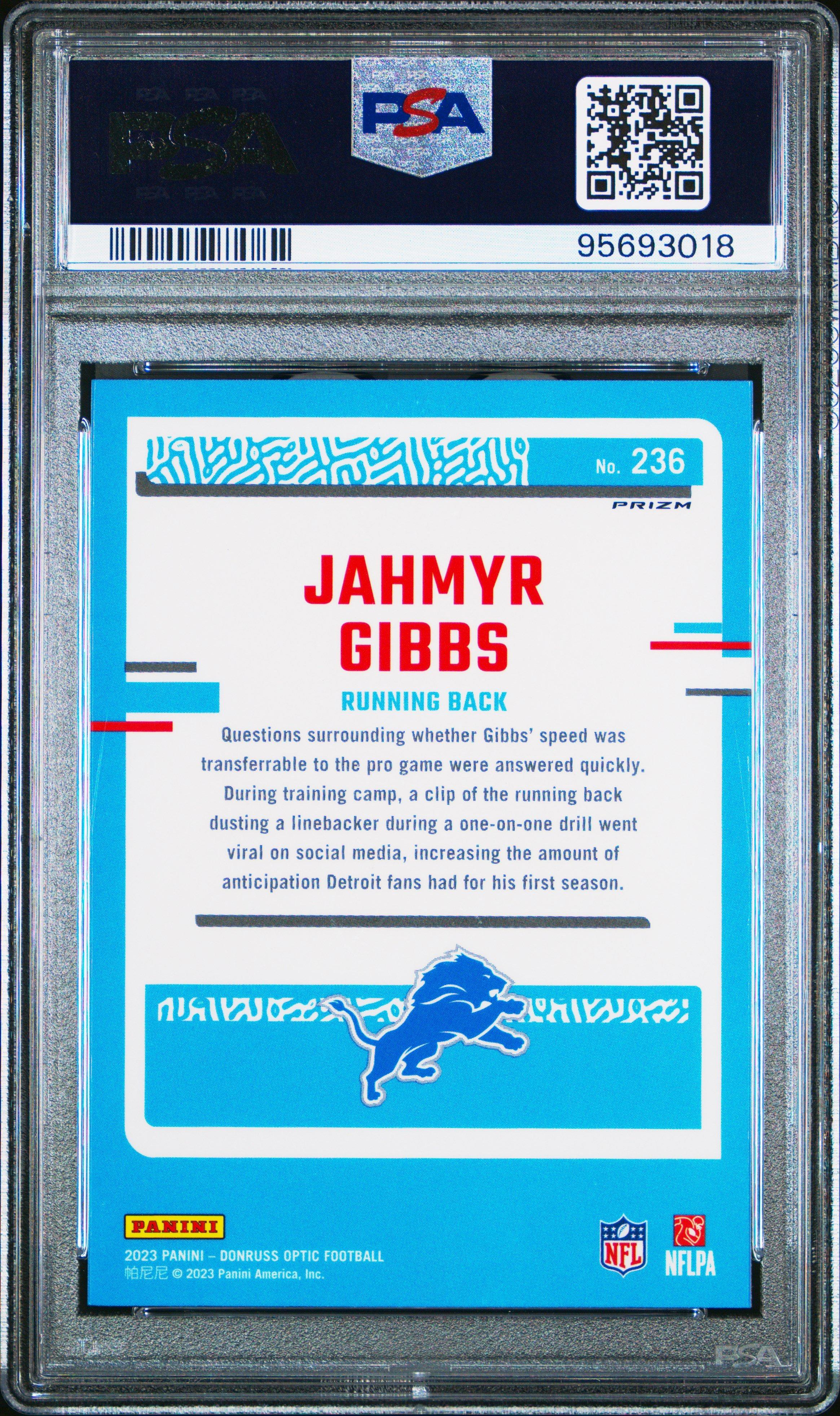 2023 Panini Donruss Optic 236 Jahmyr Gibbs Blue Hyper PSA 9
