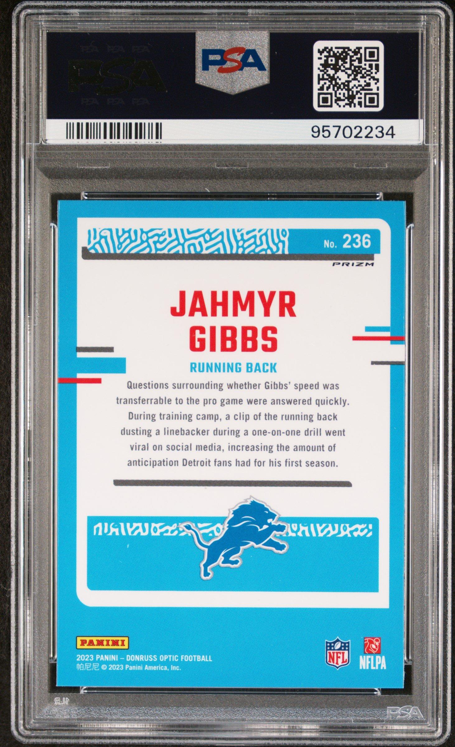 2023 Panini Donruss Optic 236 Jahmyr Gibbs Purple Shock PSA 10