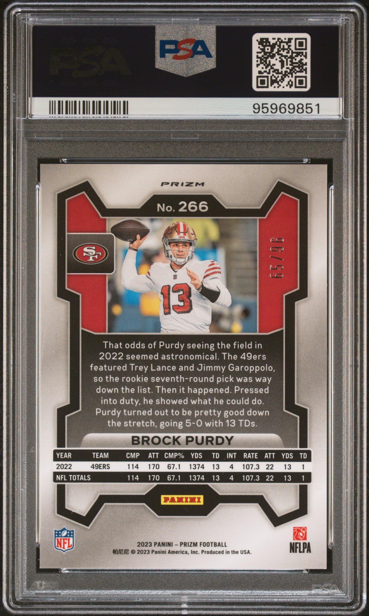 2023 Panini Prizm 266 Brock Purdy Blue Sparkle PSA 9
