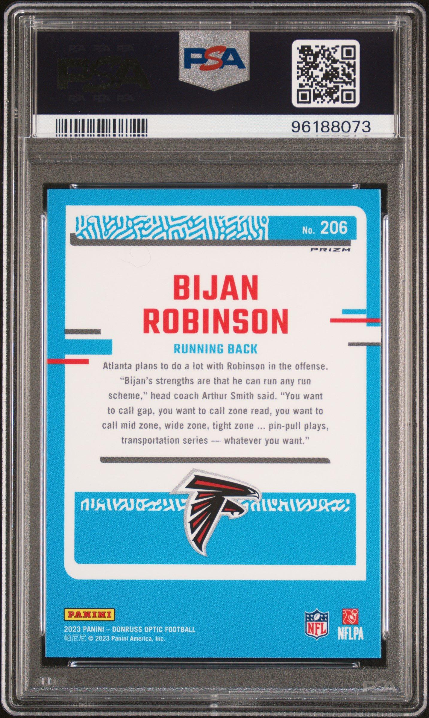 2023 Panini Donruss Optic 206 Bijan Robinson Blue Hyper PSA 10