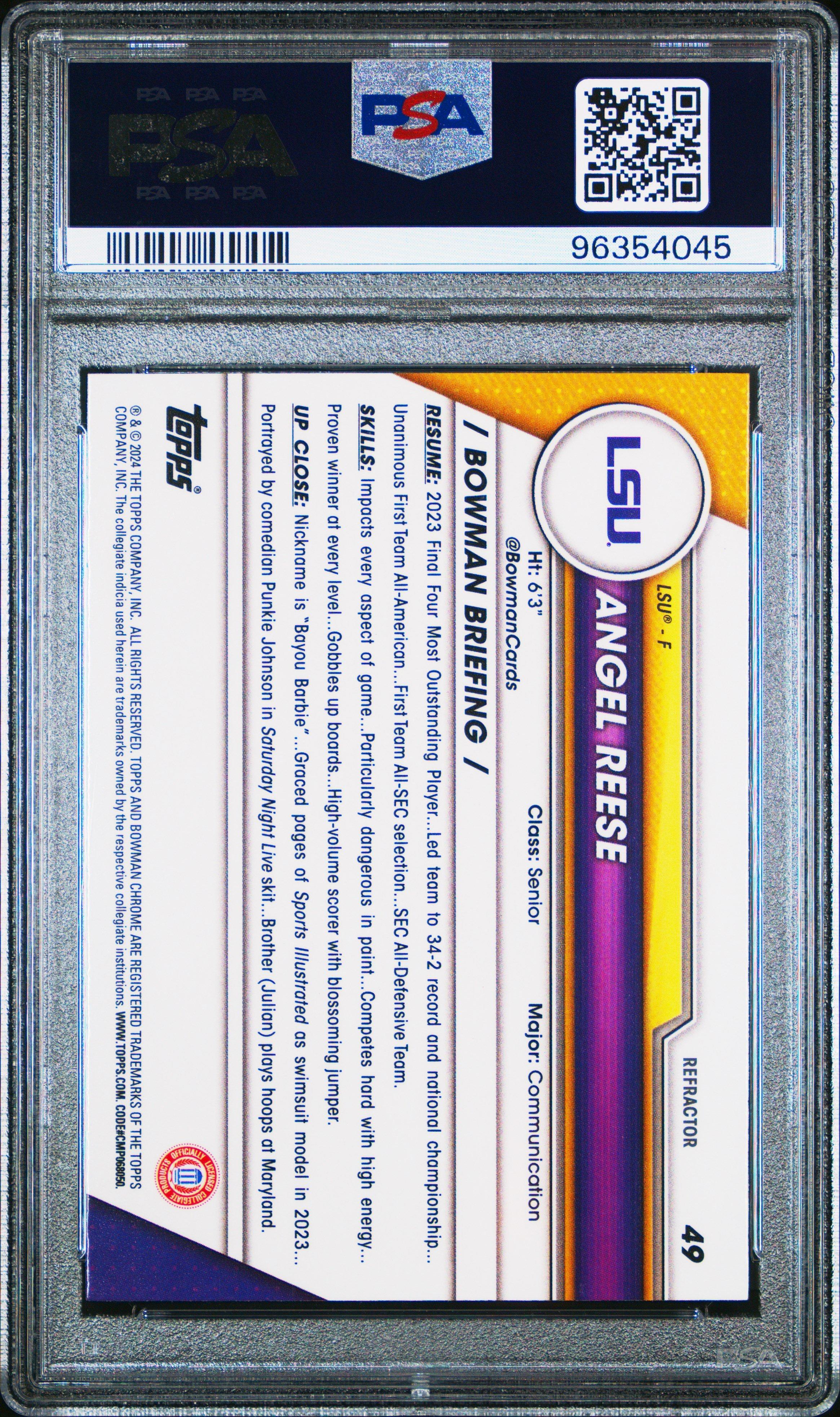 2023 Bowman University Chrome 49 Angel Reese Refractor PSA 10