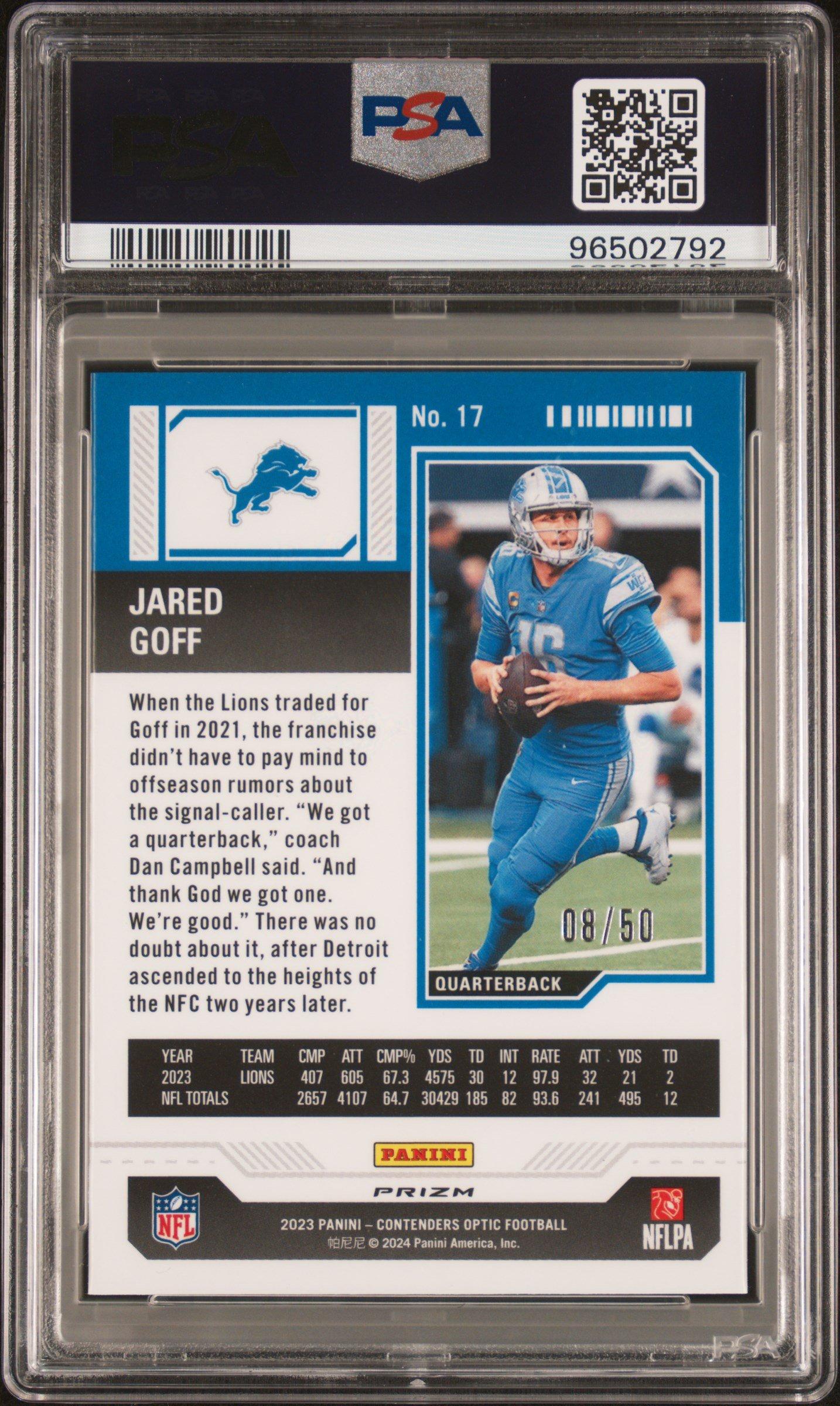 2023 Panini Contenders Optic 17 Jared Goff Orange PSA 10
