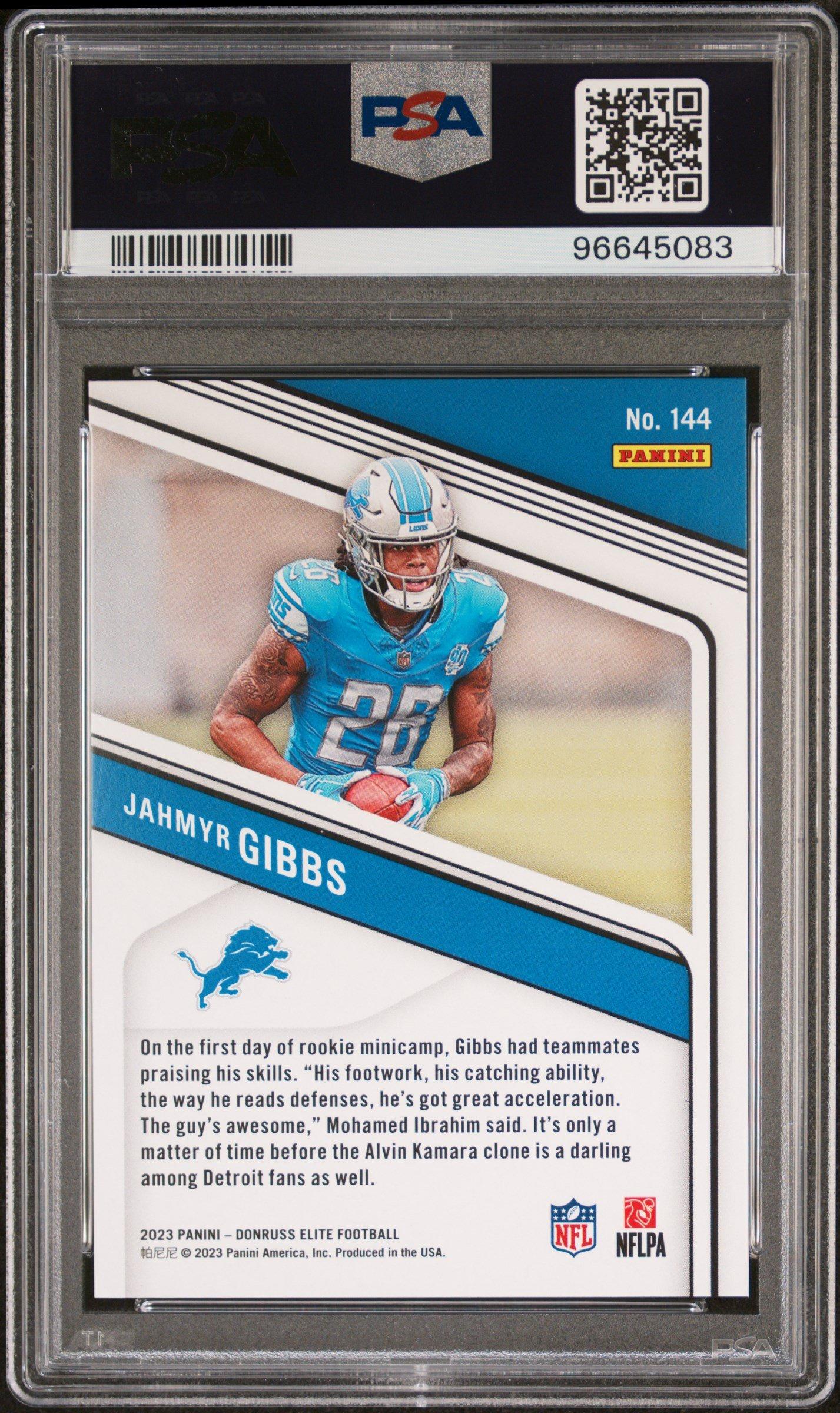 2023 Panini Donruss Elite 144 Jahmyr Gibbs Status Explosion PSA 10