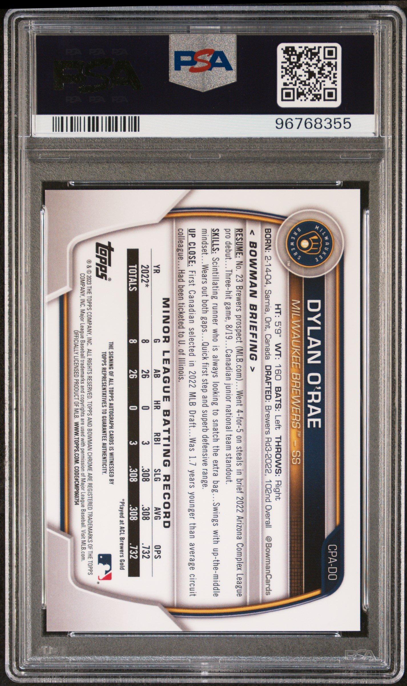 2023 Bowman Chrome Prospect Autographs Cpado Dylan O'rae Speckle Refractor PSA 10