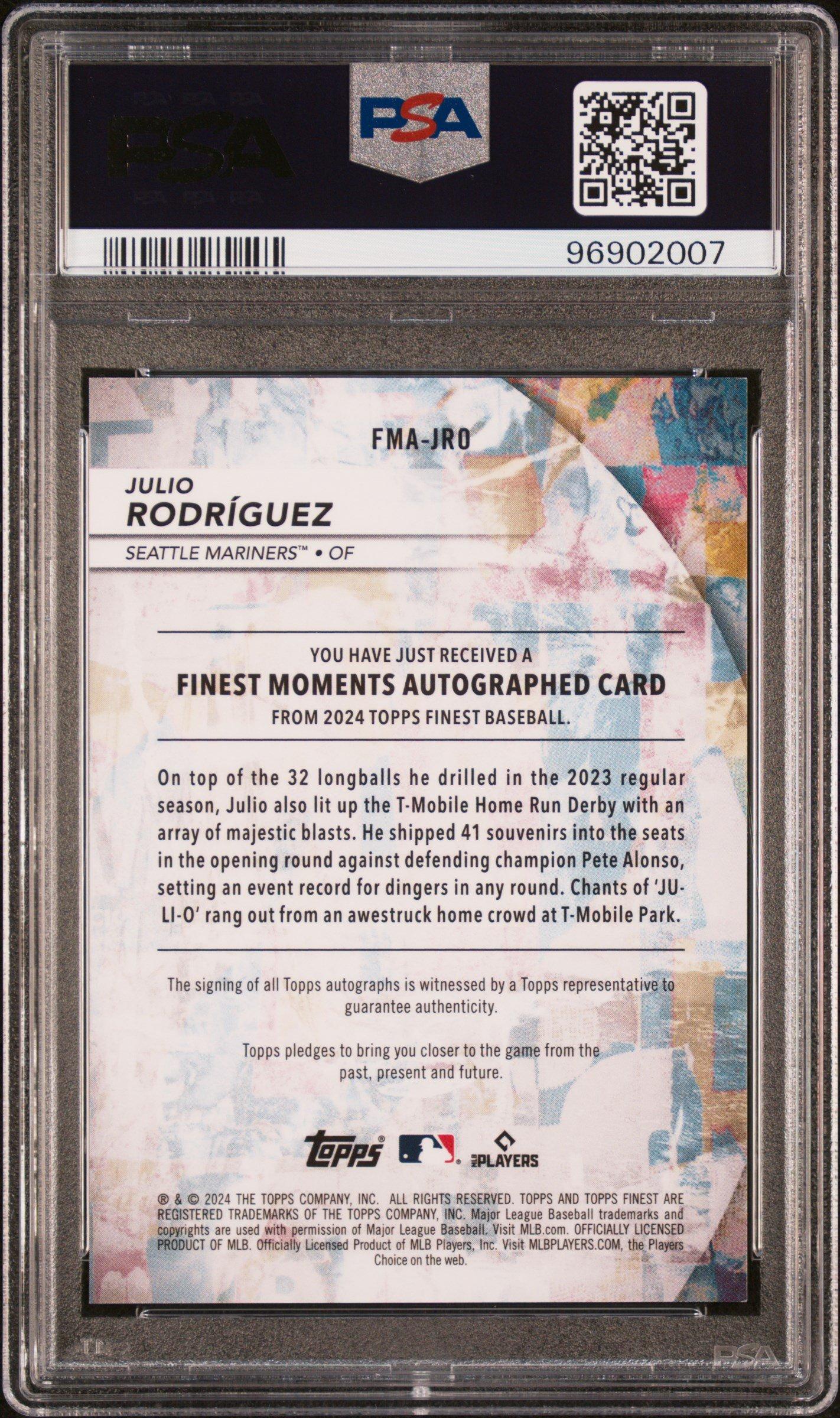 2024 Topps Finest Finest Moments Autographs Fmajro Julio Rodriguez Orange Refractor PSA 10