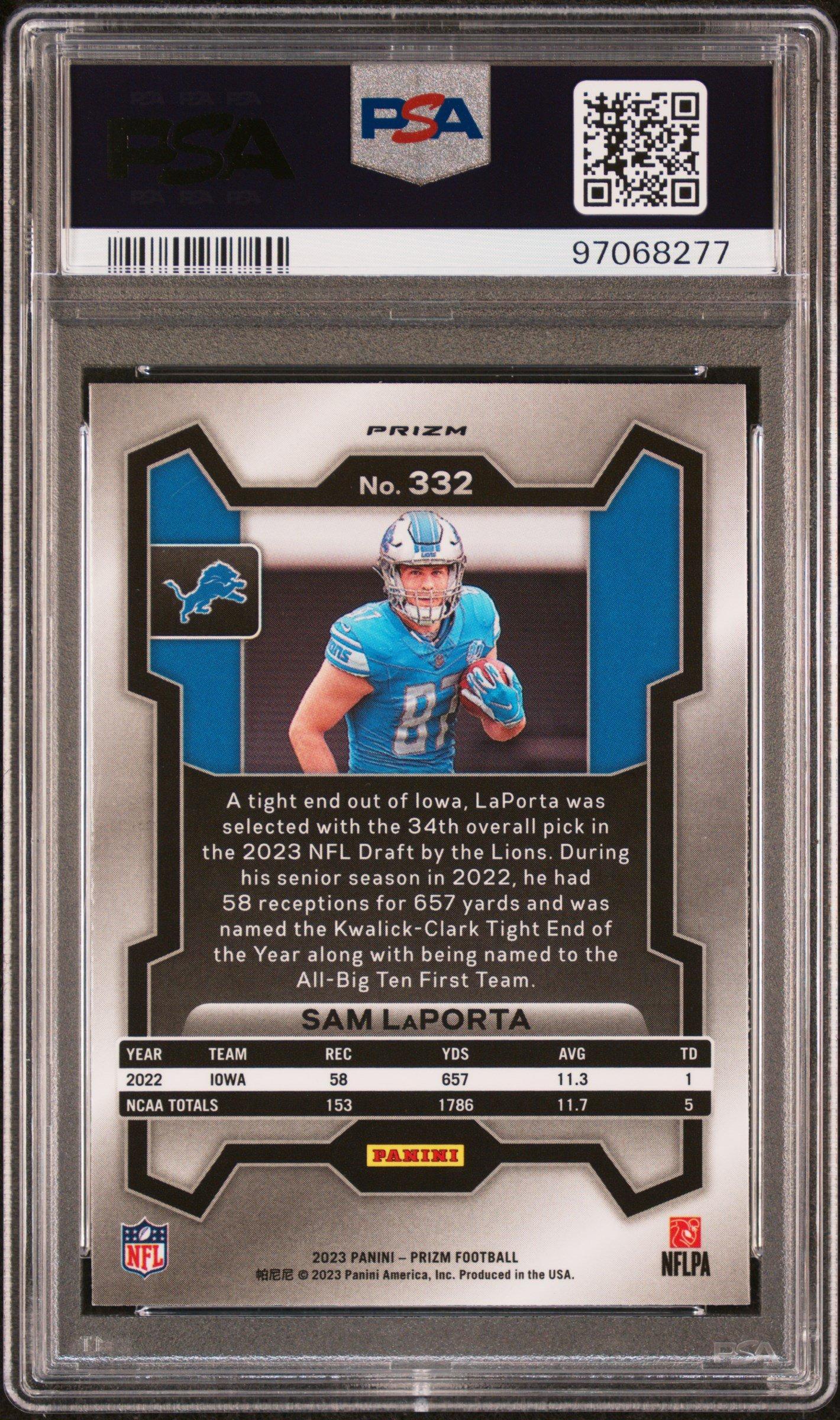 2023 Panini Prizm 332 Sam Laporta Green Prizm PSA 10
