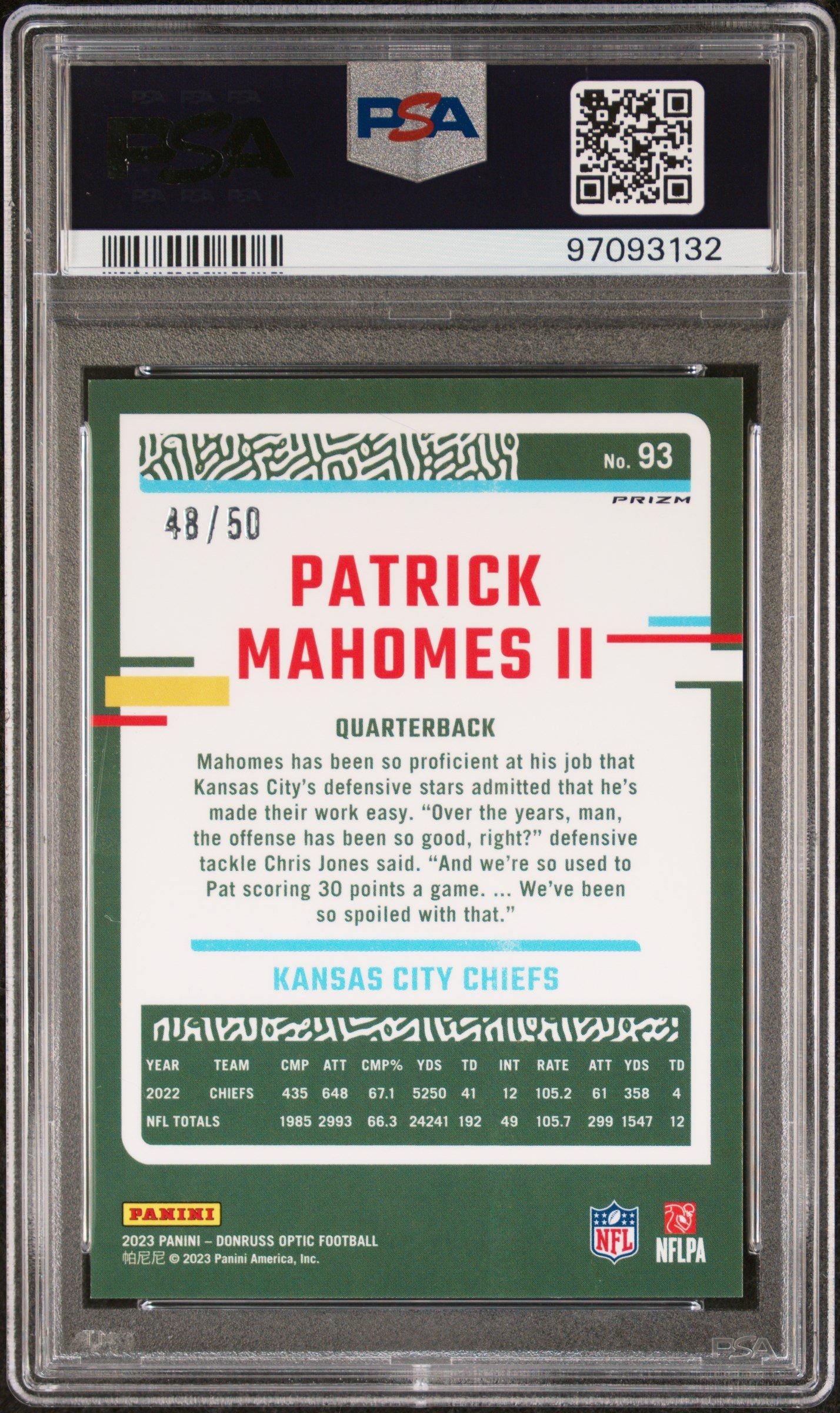 2023 Panini Donruss Optic 93 Patrick Mahomes Ii Purple PSA 9