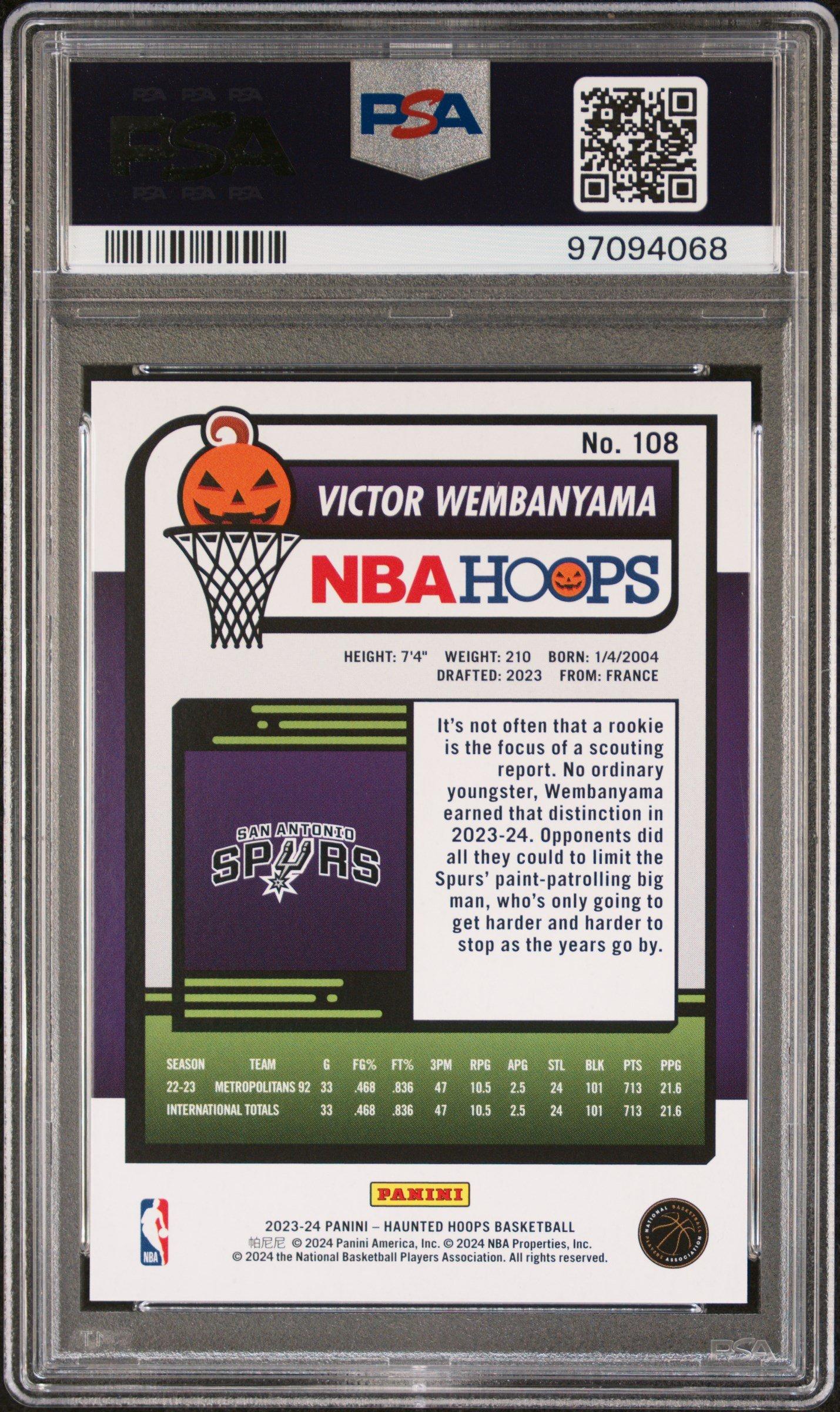 2023 Panini Haunted Hoops 108 Victor Wembanyama PSA 10 Graded Card