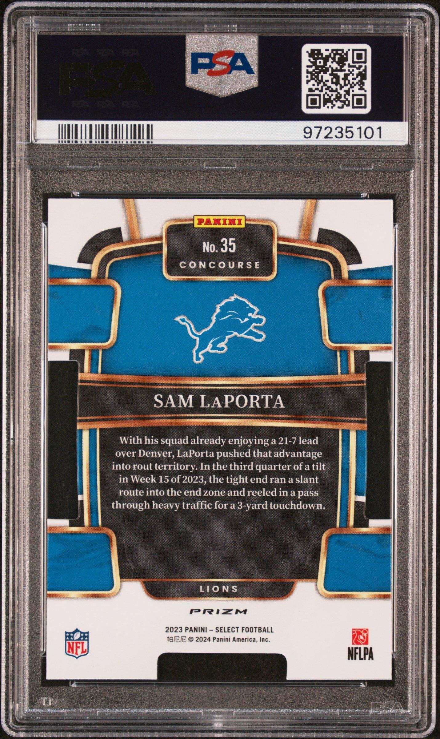 2023 Panini Select 35 Sam Laporta Die-cut Red & Blue Prizm PSA 10