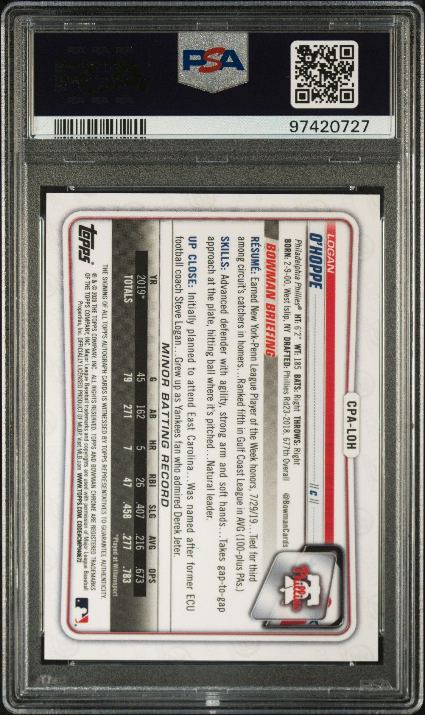 2020 Bowman Chrome Prospect Autographs Cpaloh Logan O'hoppe PSA 9