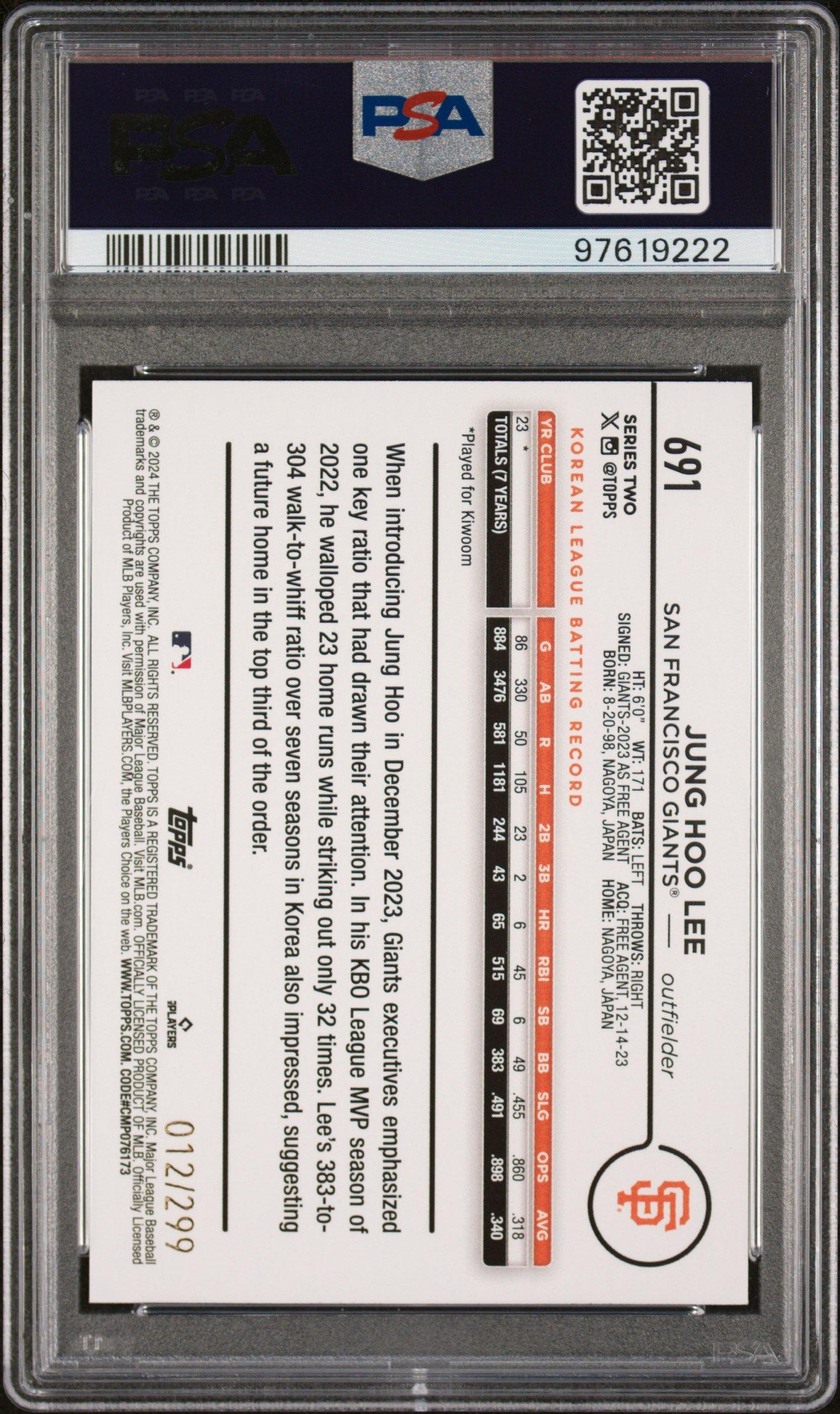 2024 Topps 691 Jung Hoo Lee Orange Crackle Foil Board PSA 10