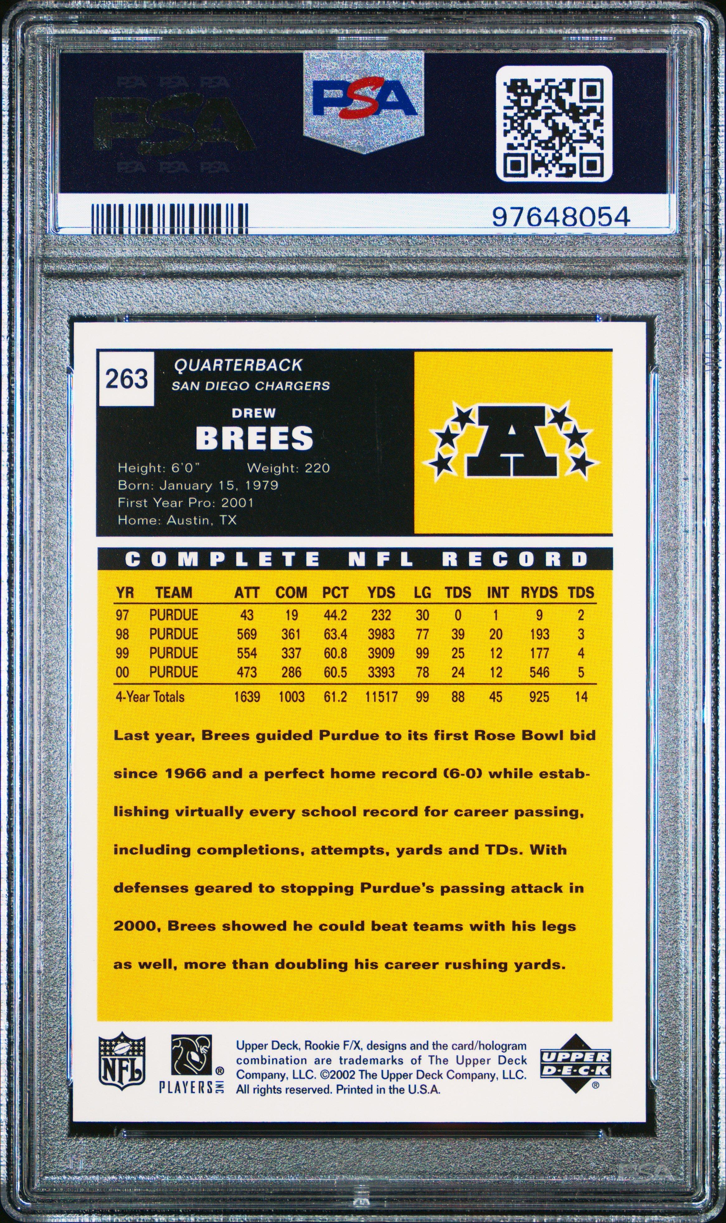 2001 Upper Deck Rookie F/x 263 Drew Brees Ud Vintage PSA 9