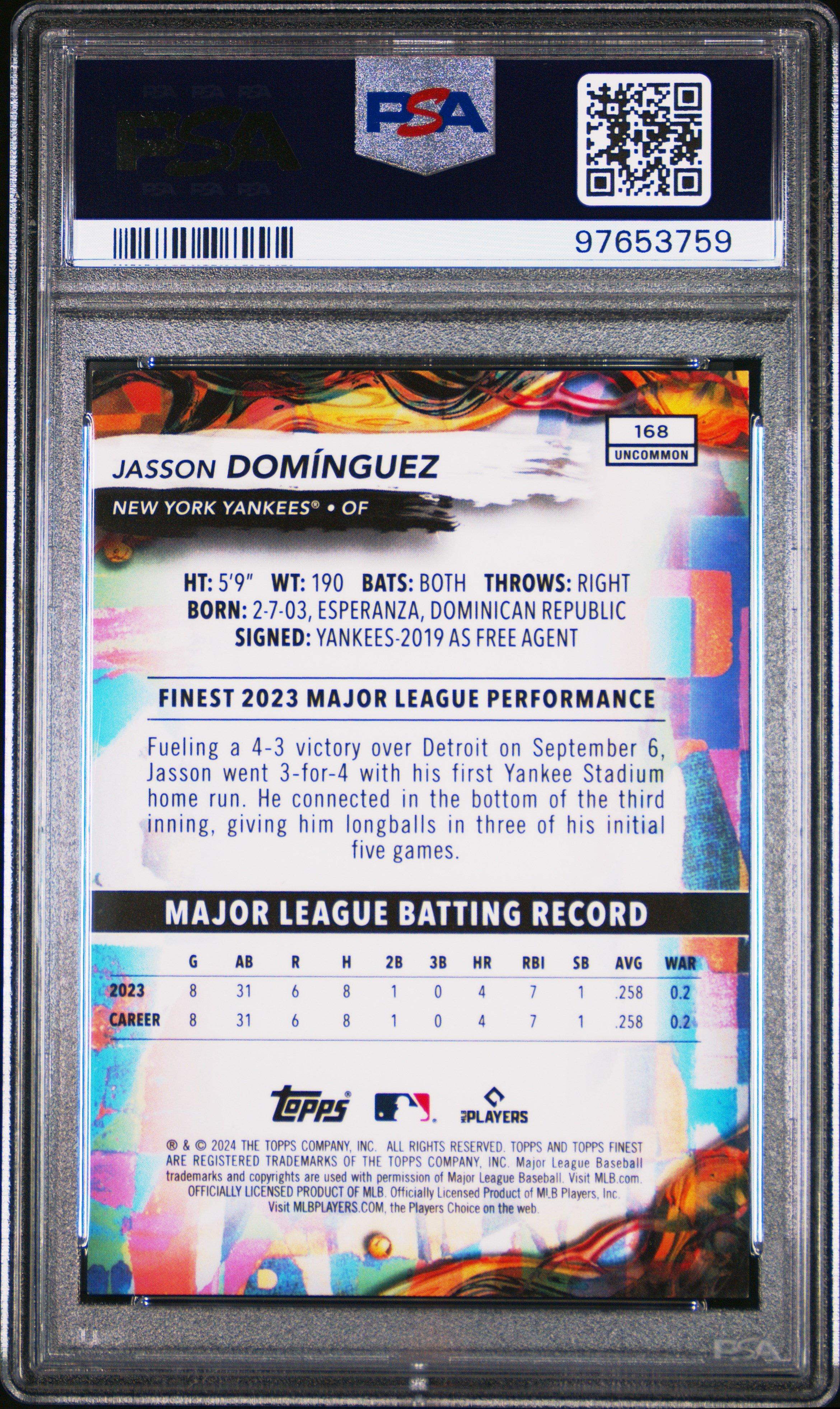 2024 Topps Finest 168 Jasson Dominguez Purple Refractor PSA 10
