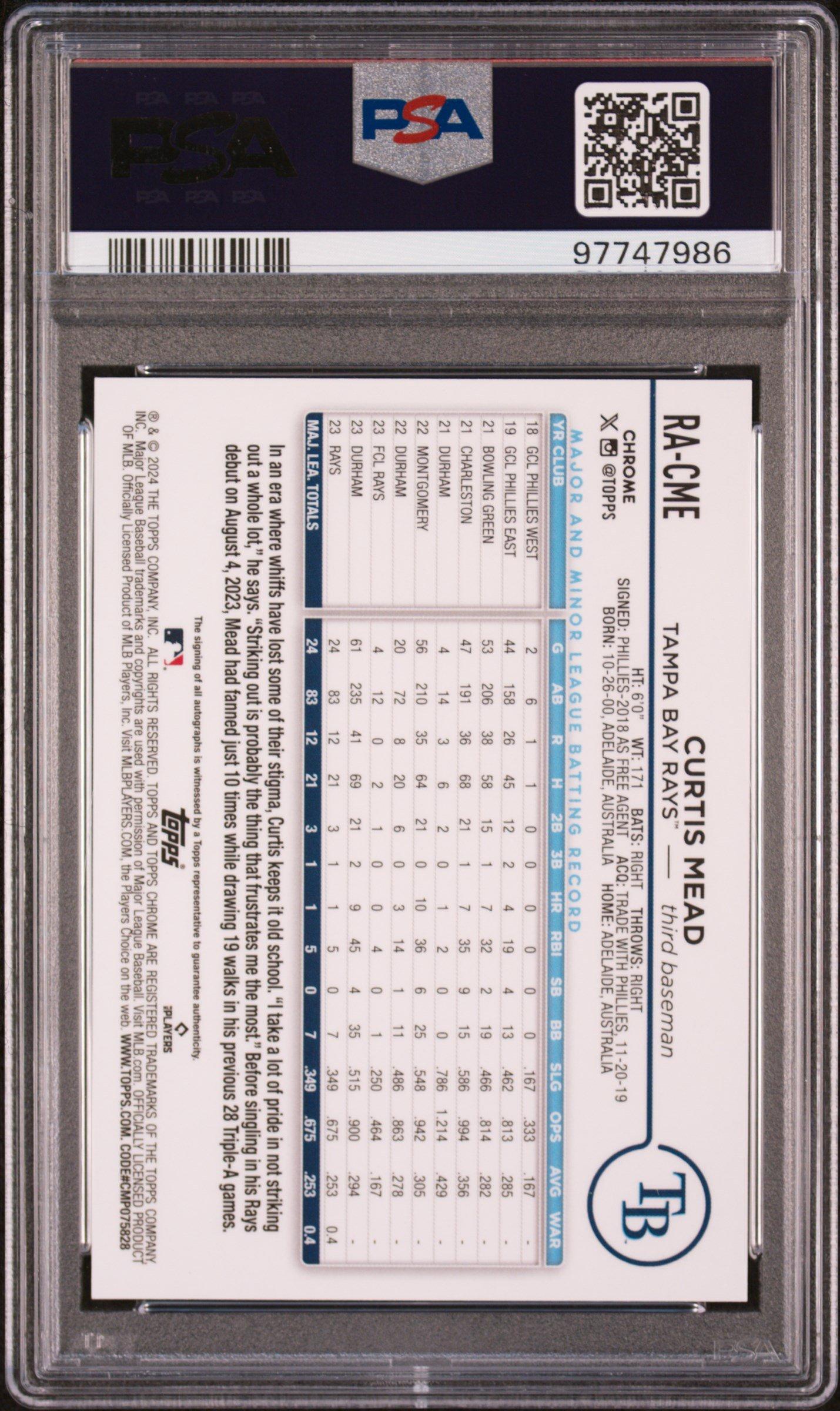 2024 Topps Chrome Rookie Autographs Racme Curtis Mead Purple Speckle Refractor PSA 9