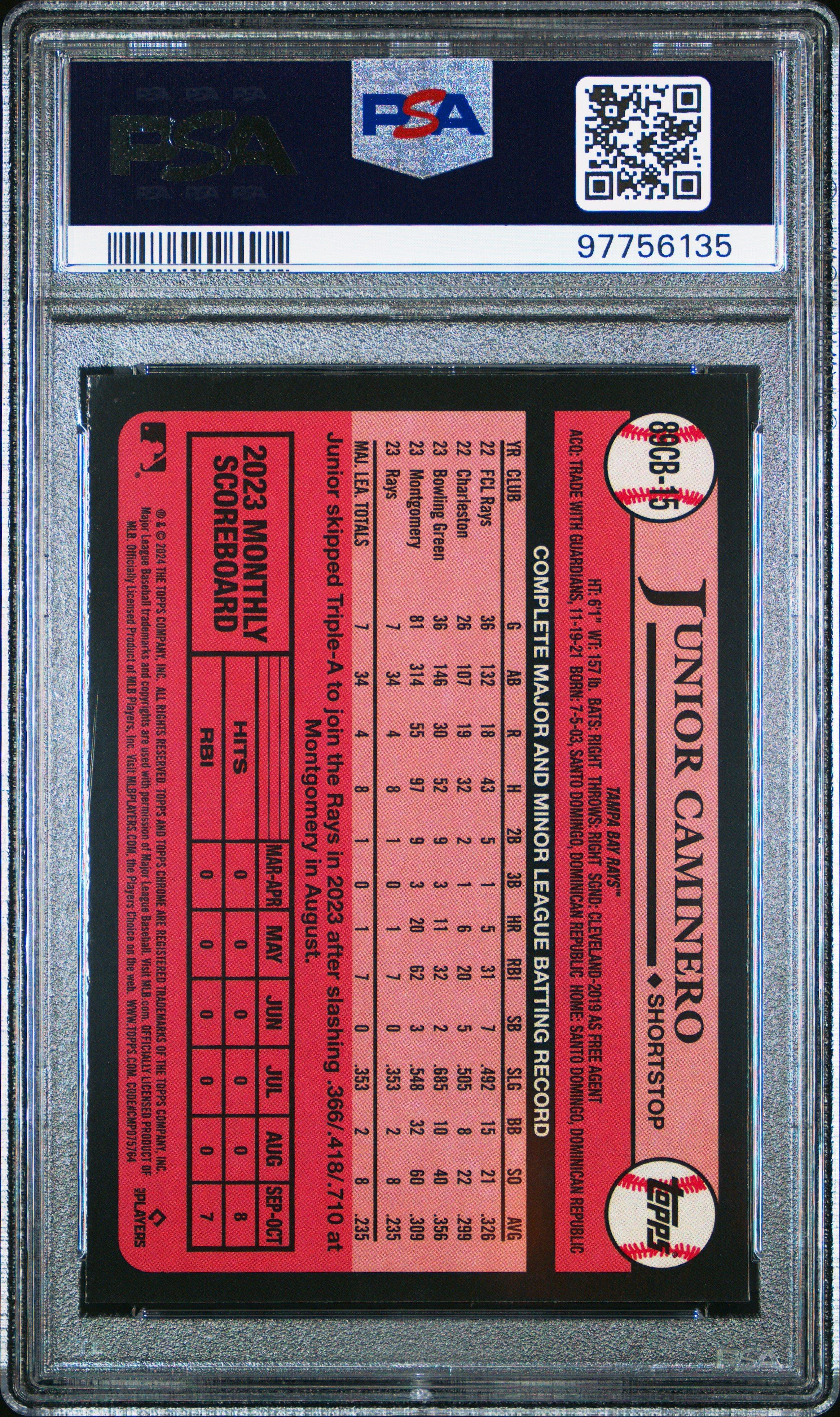 2024 Topps Chrome 1989 Topps Baseball 15 Junior Caminero PSA 10