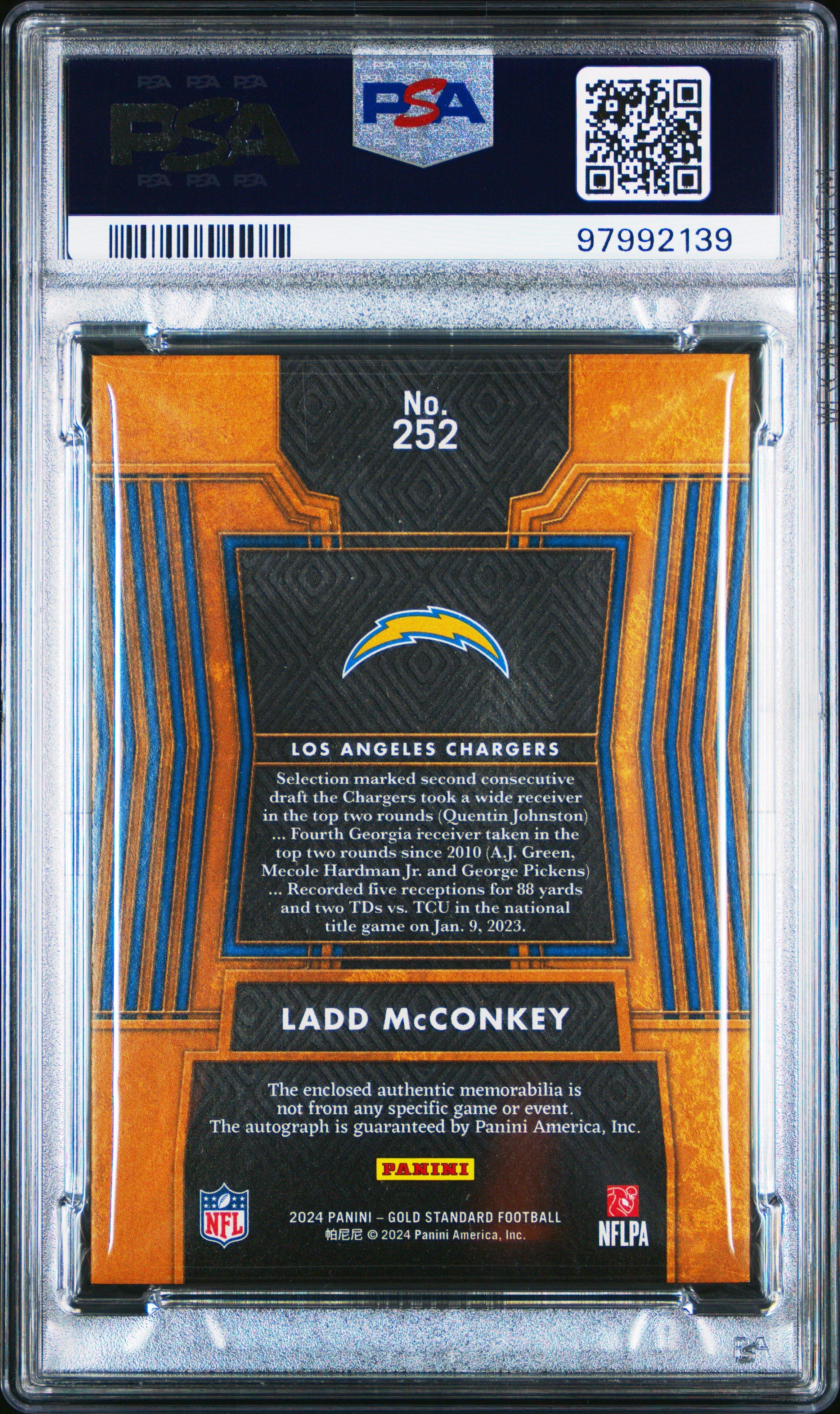 2024 Panini Gold Standard 252 Ladd Mcconkey Jersey Autograph PSA 8
