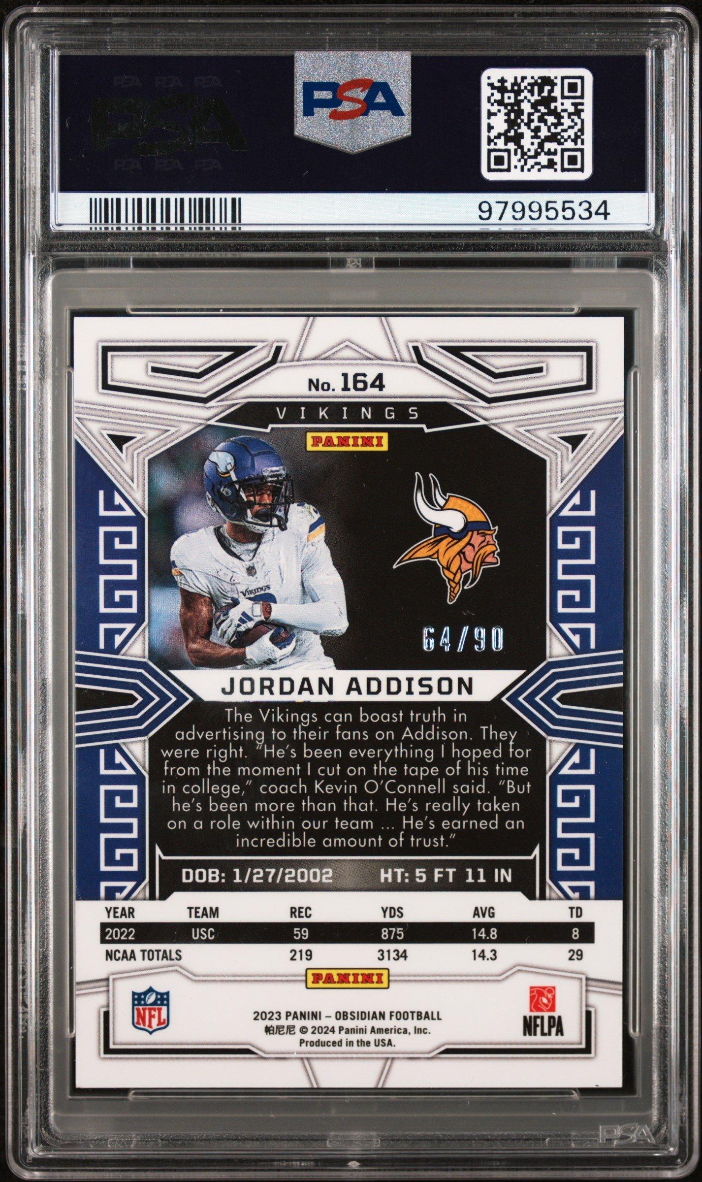 2023 Panini Obsidian 164 Jordan Addison Electric Etch Asia Red Flood PSA 9