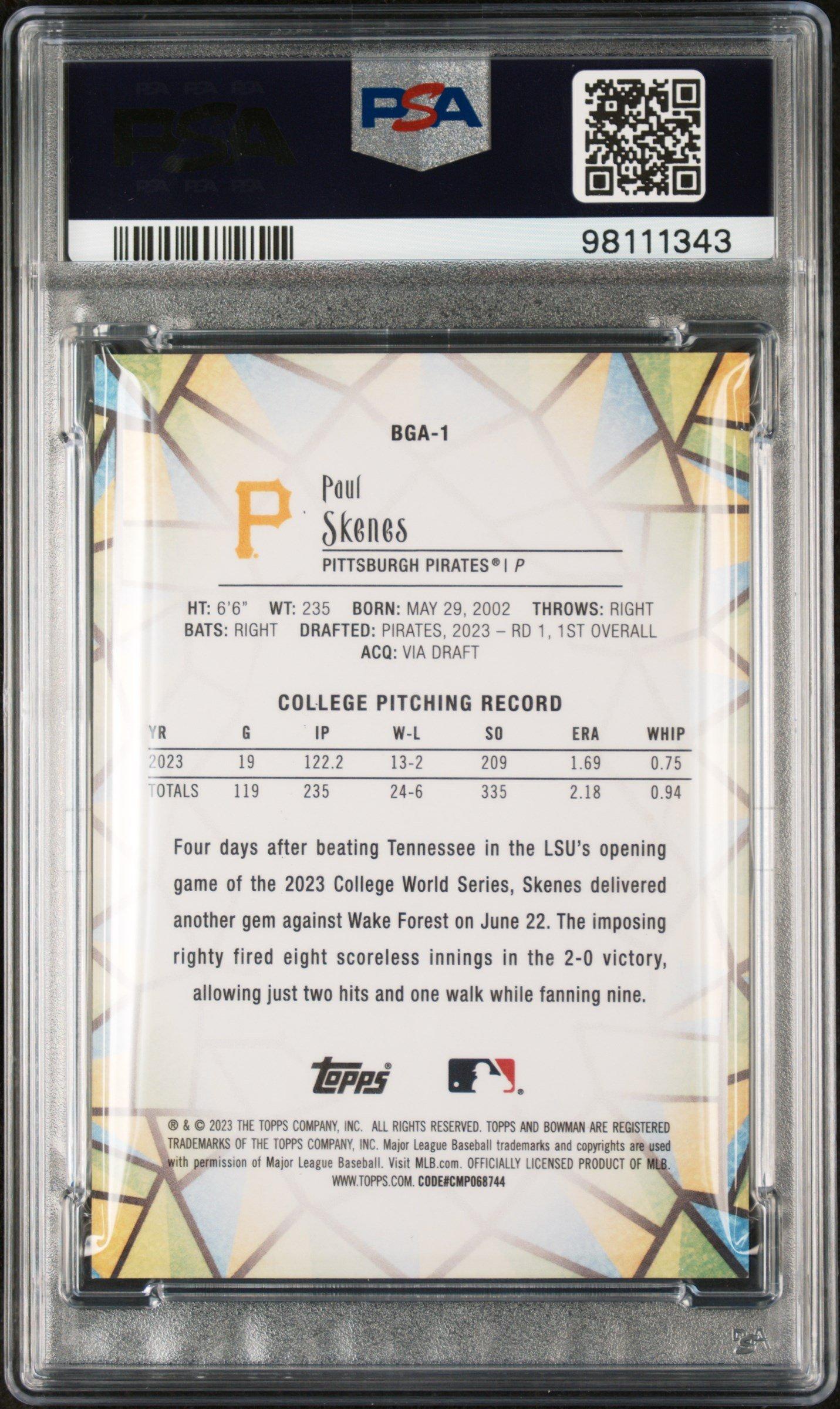 2023 Bowman Draft Bowman Glass Bga1 Paul Skenes PSA 9 Graded Card 