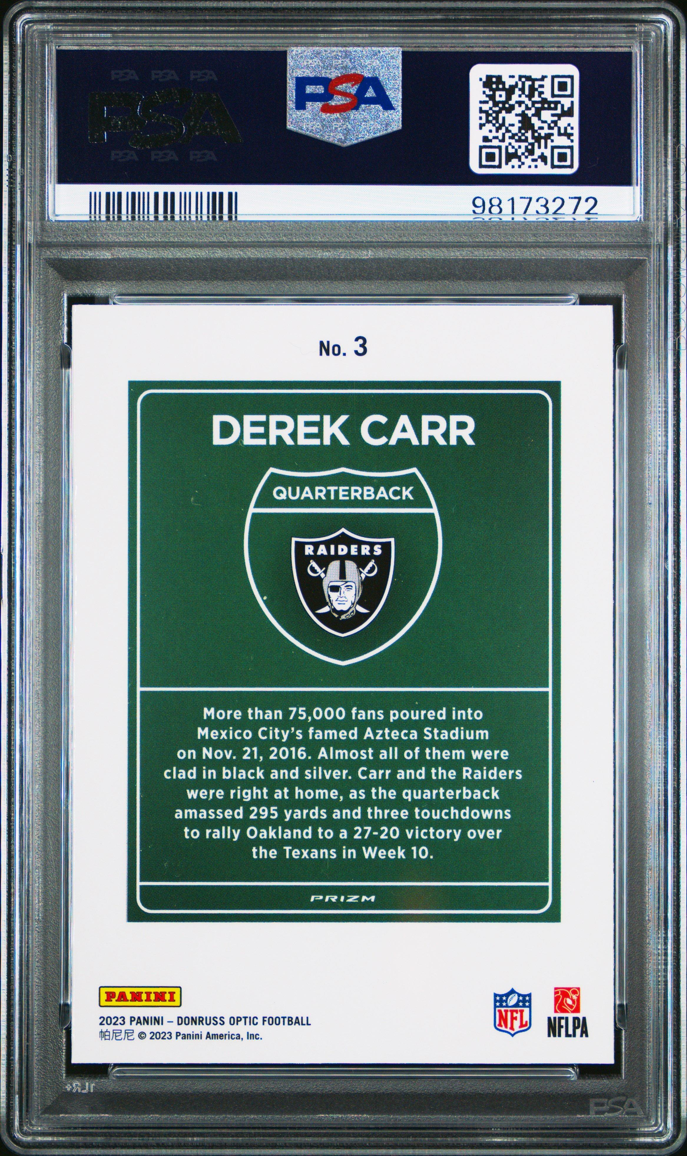 2023 Panini Donruss Optic International Downtown 3 Derek Carr PSA 10