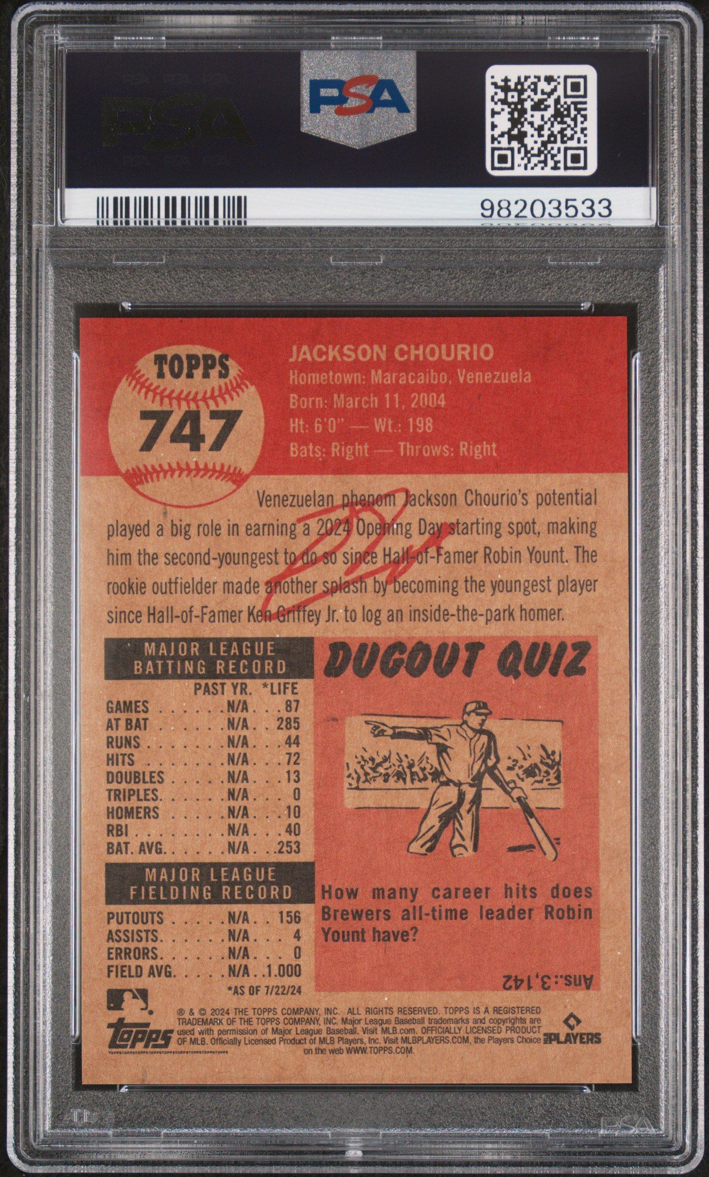 2024 Topps Living 747 Jackson Chourio PSA 10