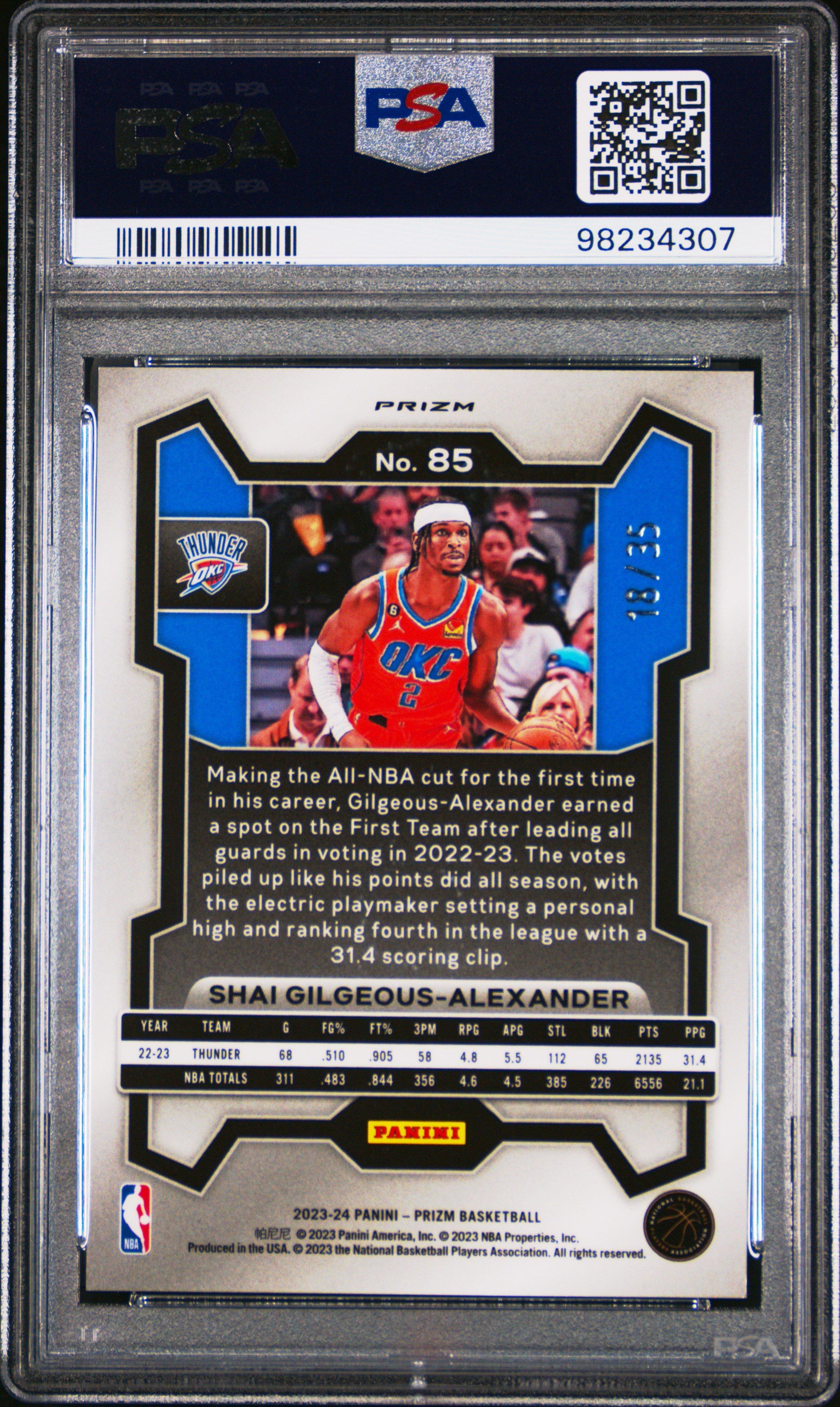 2023 Panini Prizm 85 Shai Gilgeous-alexander Blue Shimmer Fotl PSA 10