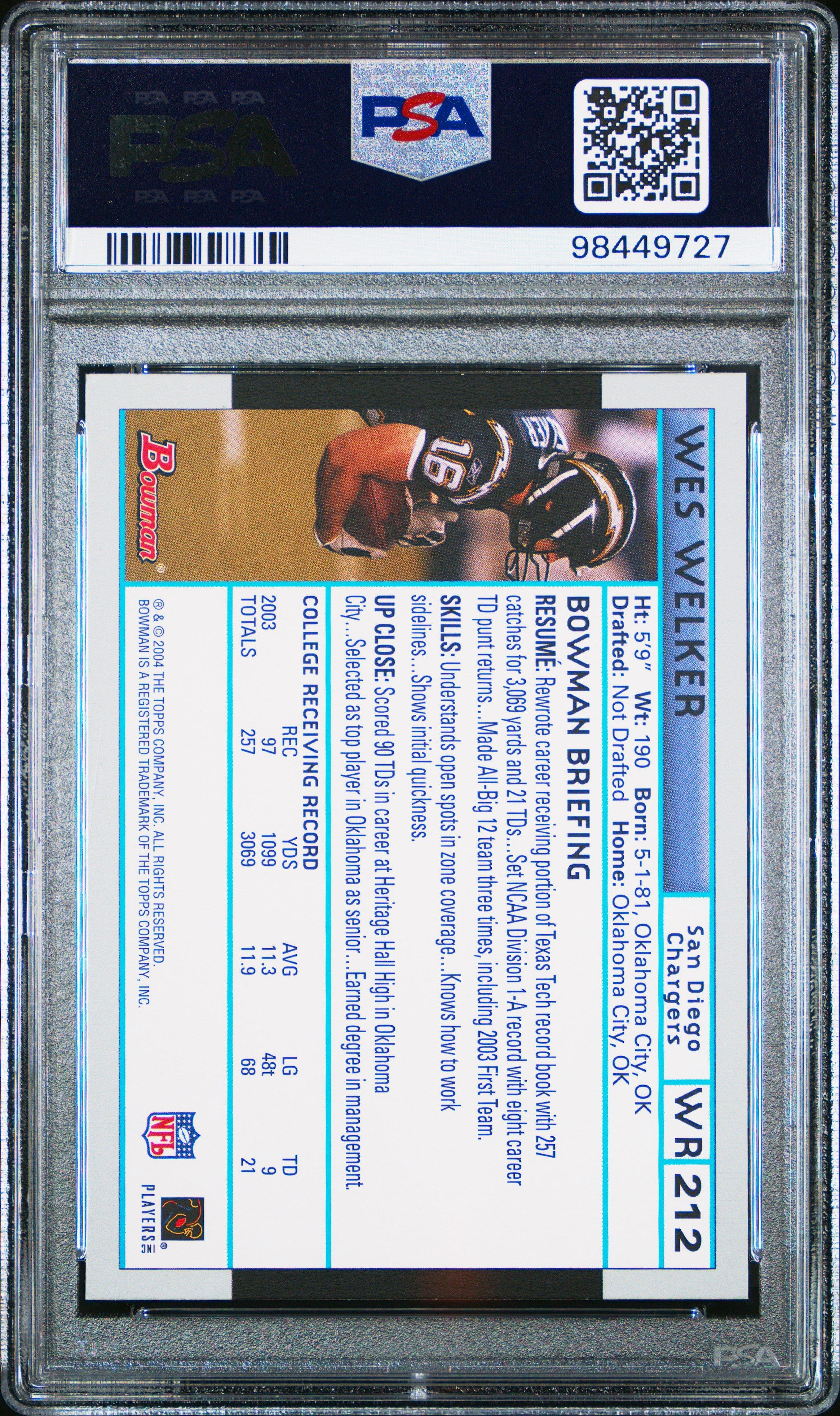 2004 Bowman 212 Wes Welker 1st Edition PSA 9