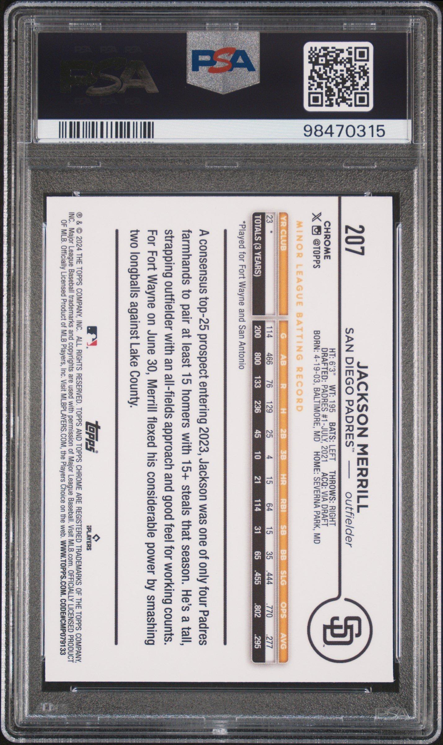 2024 Topps Chrome Logofractor Edition 207 Jackson Merrill Purple Refractor PSA 10