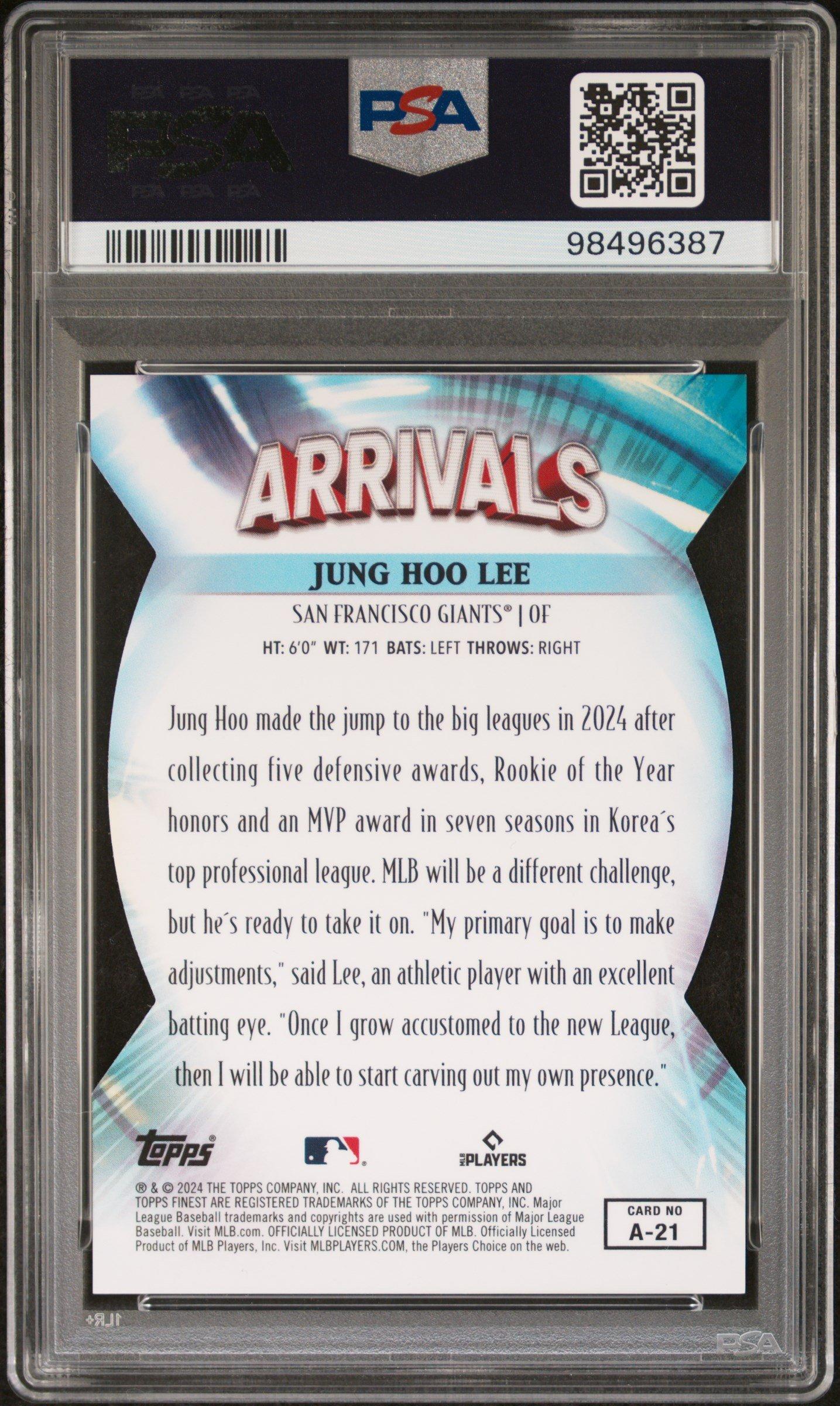 2024 Topps Finest Arrivals A21 Jung Hoo Lee Blue Refractor PSA 10