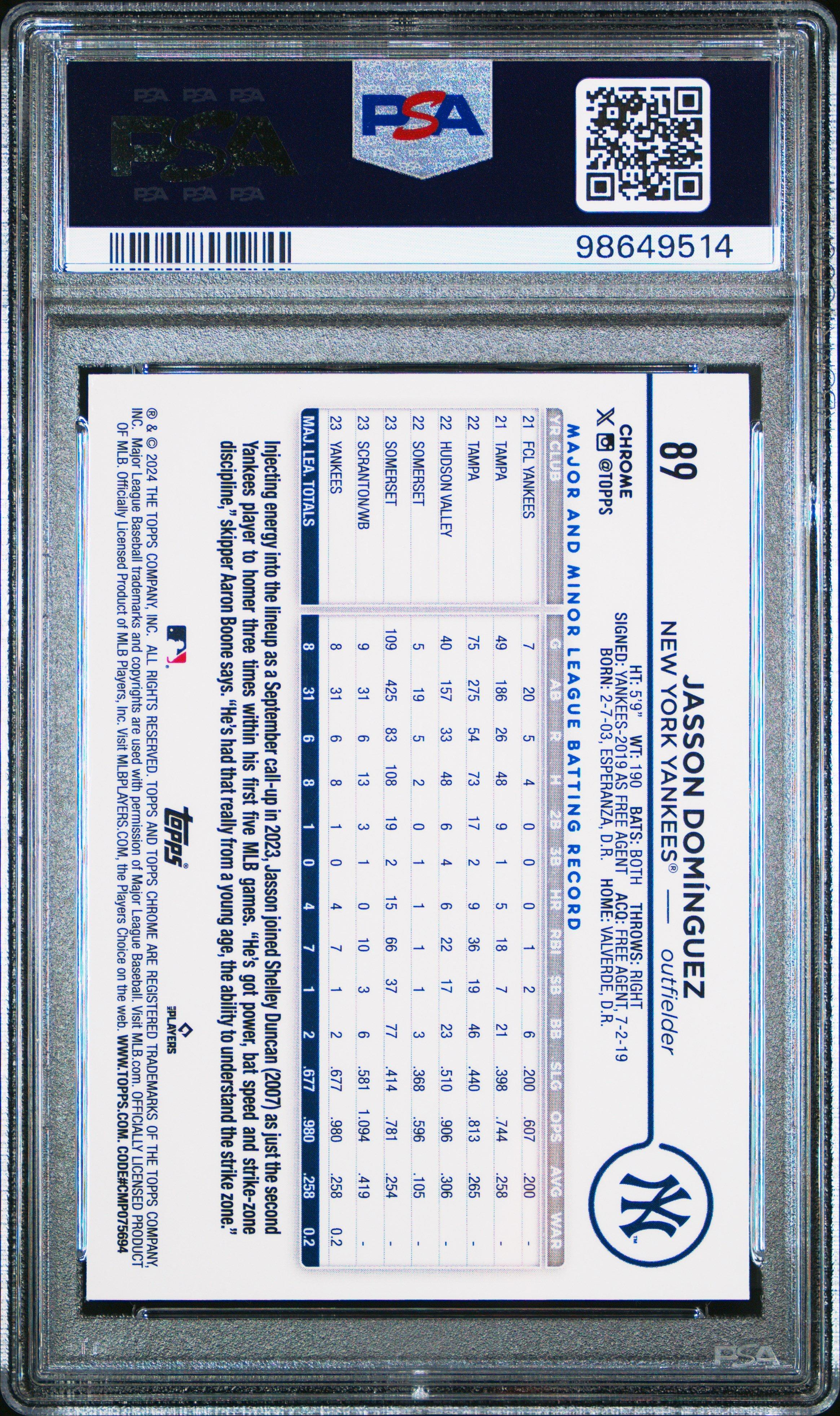 2024 Topps Chrome 89 Jasson Dominguez Purple Speckle Refractor PSA 10