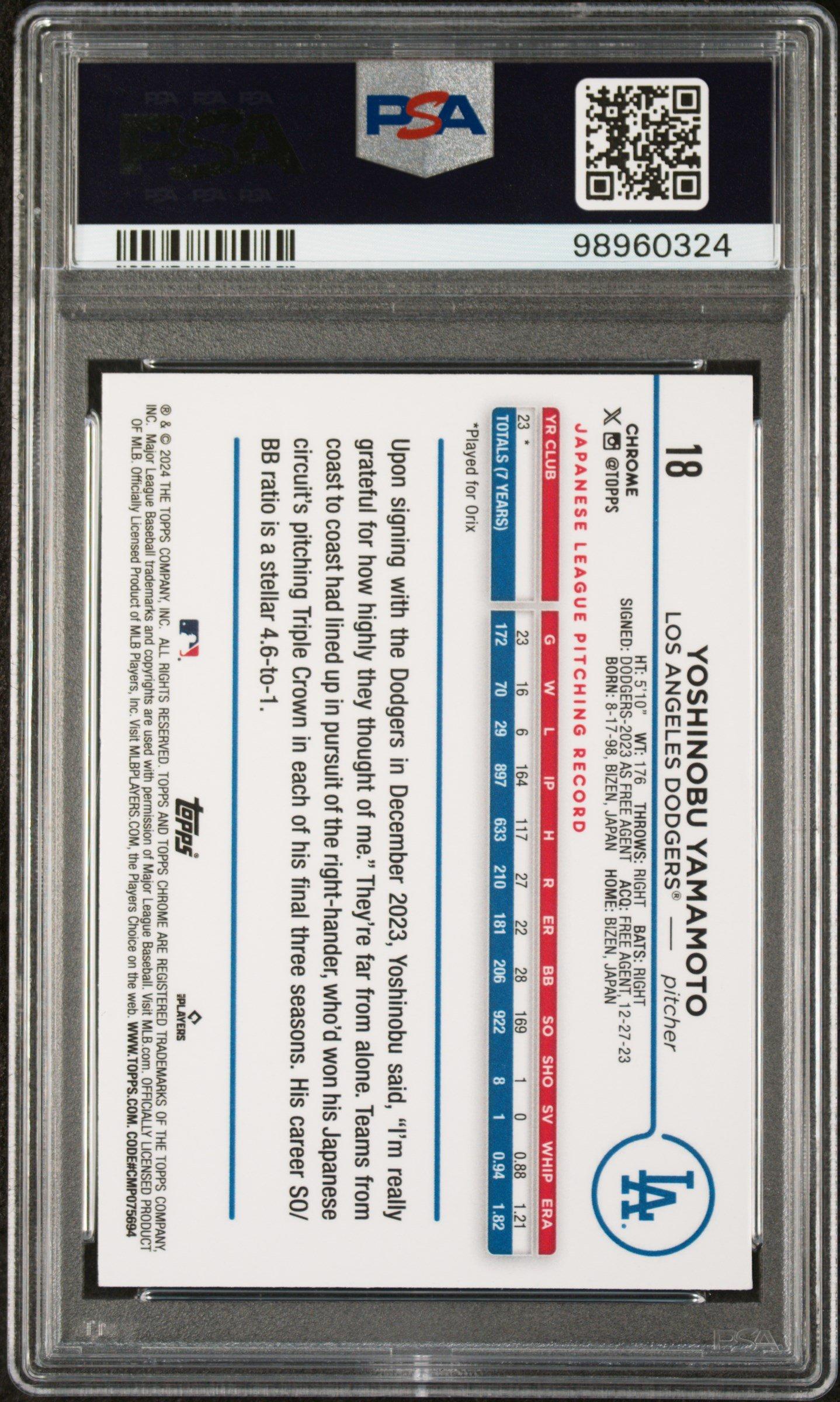 2024 Topps Chrome 18 Yoshinobu Yamamoto Sepia Refractor PSA 10