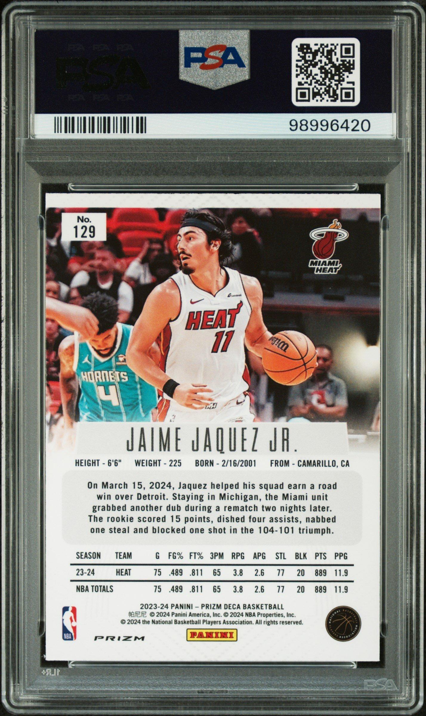 2023 Panini Prizm Deca 129 Jaime Jaquez Jr. Silver Prizm PSA 10