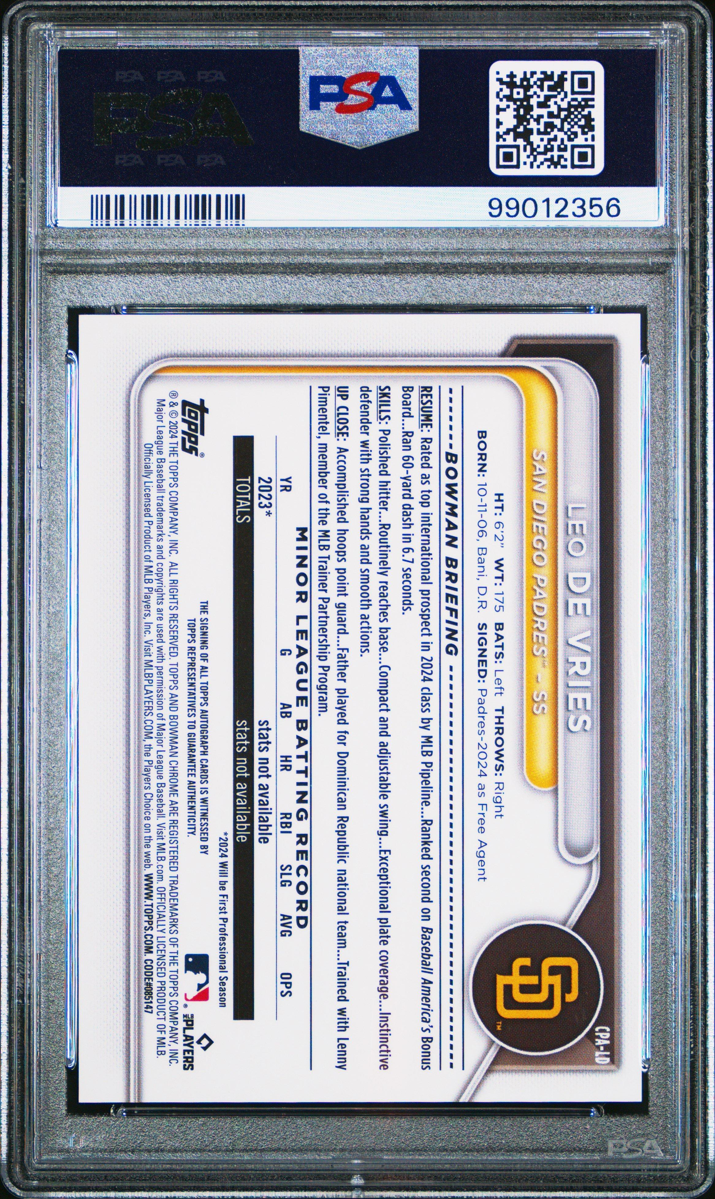 2024 Bowman Chrome Prospect Autographs Cpald Leo De Vries Refractor PSA 9