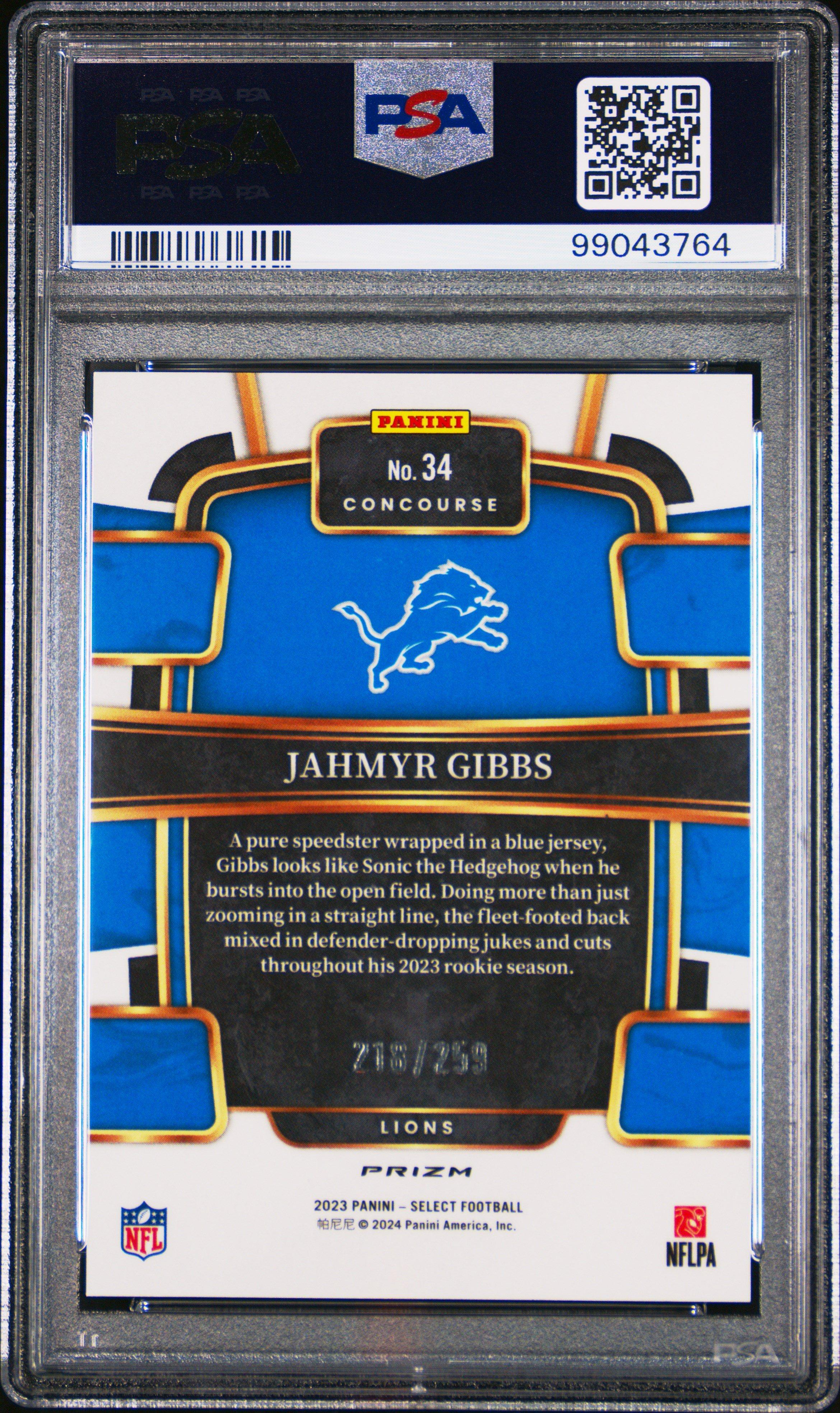 2023 Panini Select 34 Jahmyr Gibbs Tri-color Prizm PSA 10