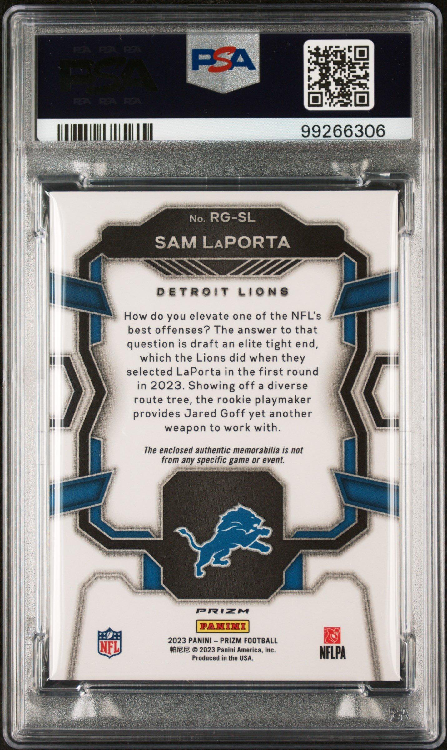 2023 Panini Prizm Rookie Gear Rgsl Sam Laporta Neon Green Pulsar PSA 9