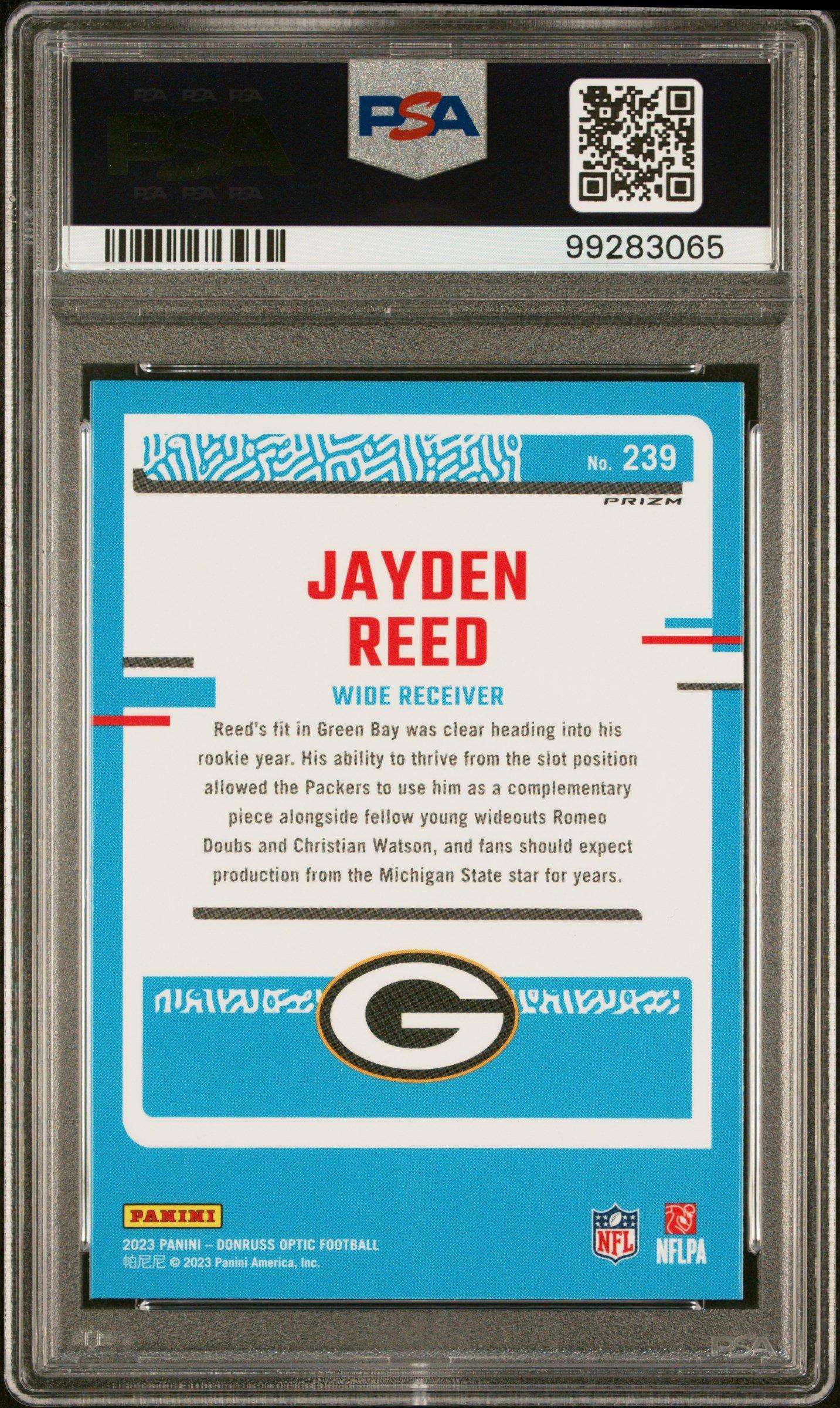 2023 Panini Donruss Optic 239 Jayden Reed Green Velocity PSA 10
