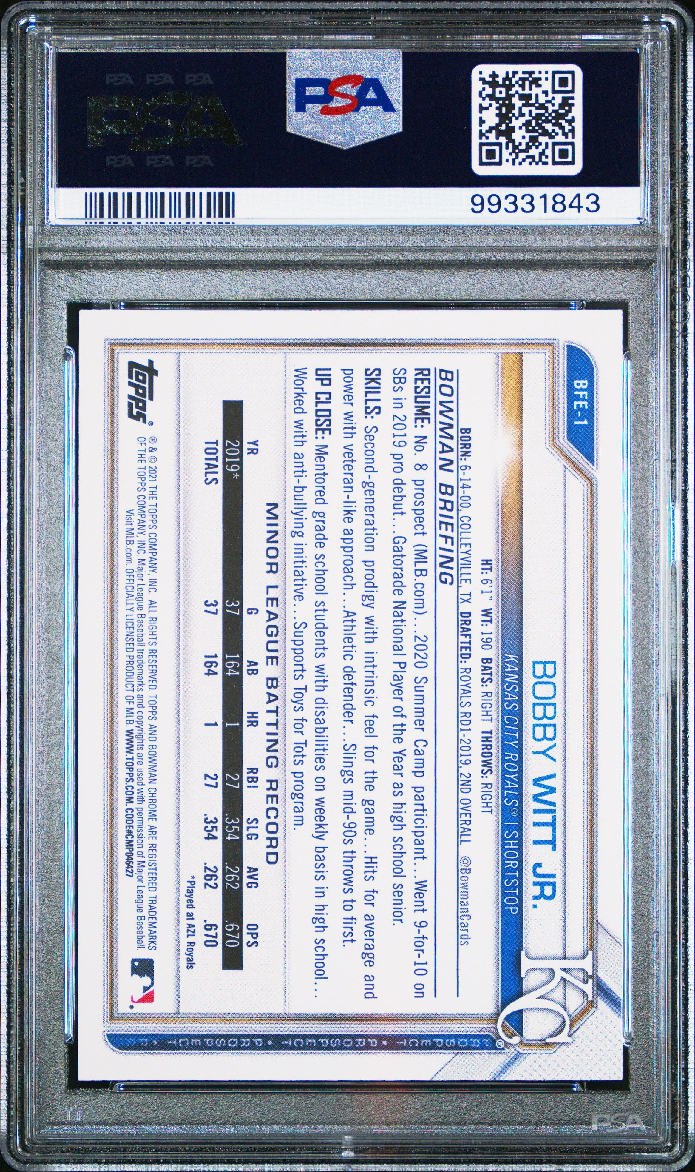 2021 Bowman 1st Edition Bfe1 Bobby Witt Jr. PSA 10