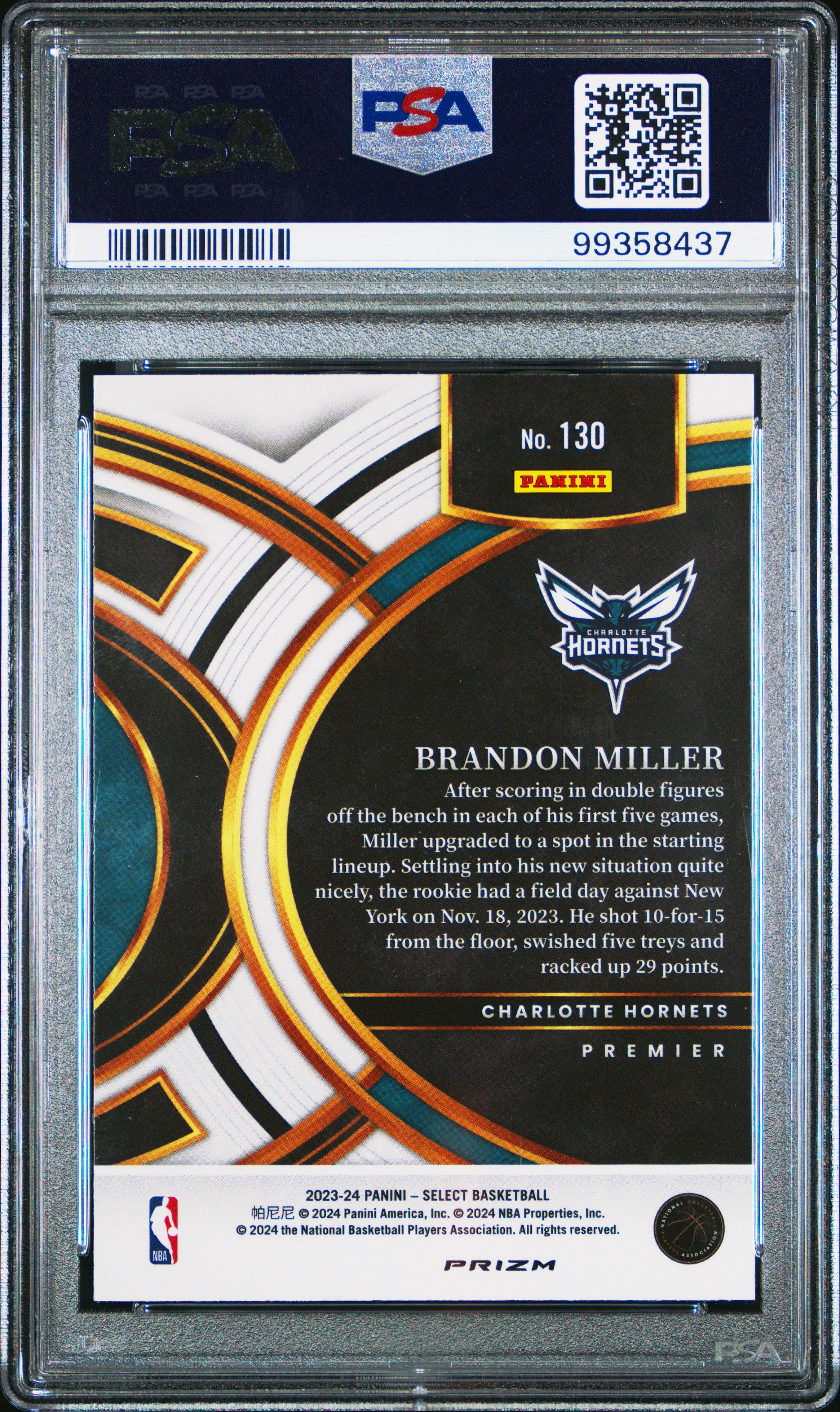 2023 Panini Select 130 Brandon Miller Blue Cracked Ice PSA 10