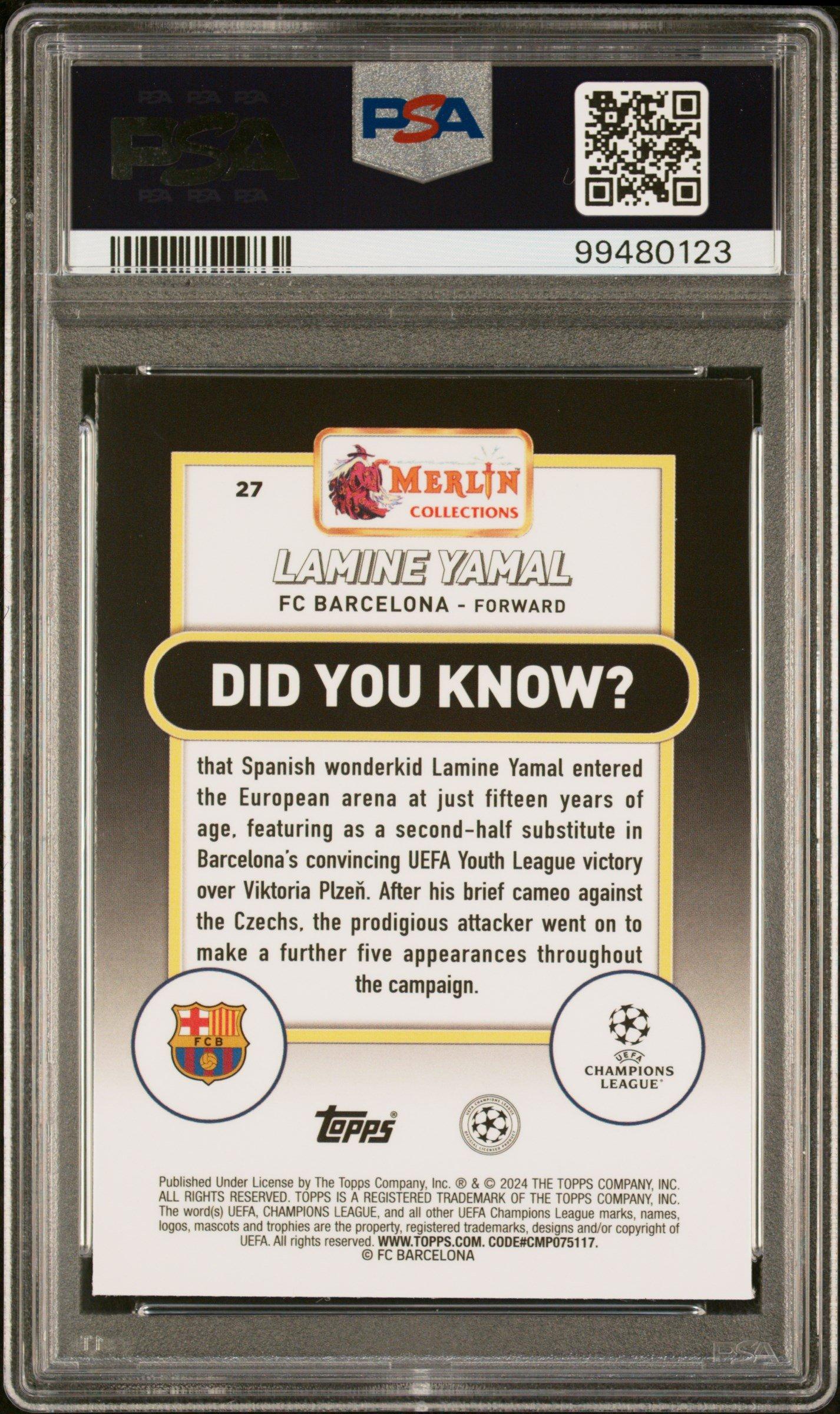 2023-24 Topps Merlin Uefa Club Competitions 27 Lamine Yamal Aqua Prism Refractor PSA 10