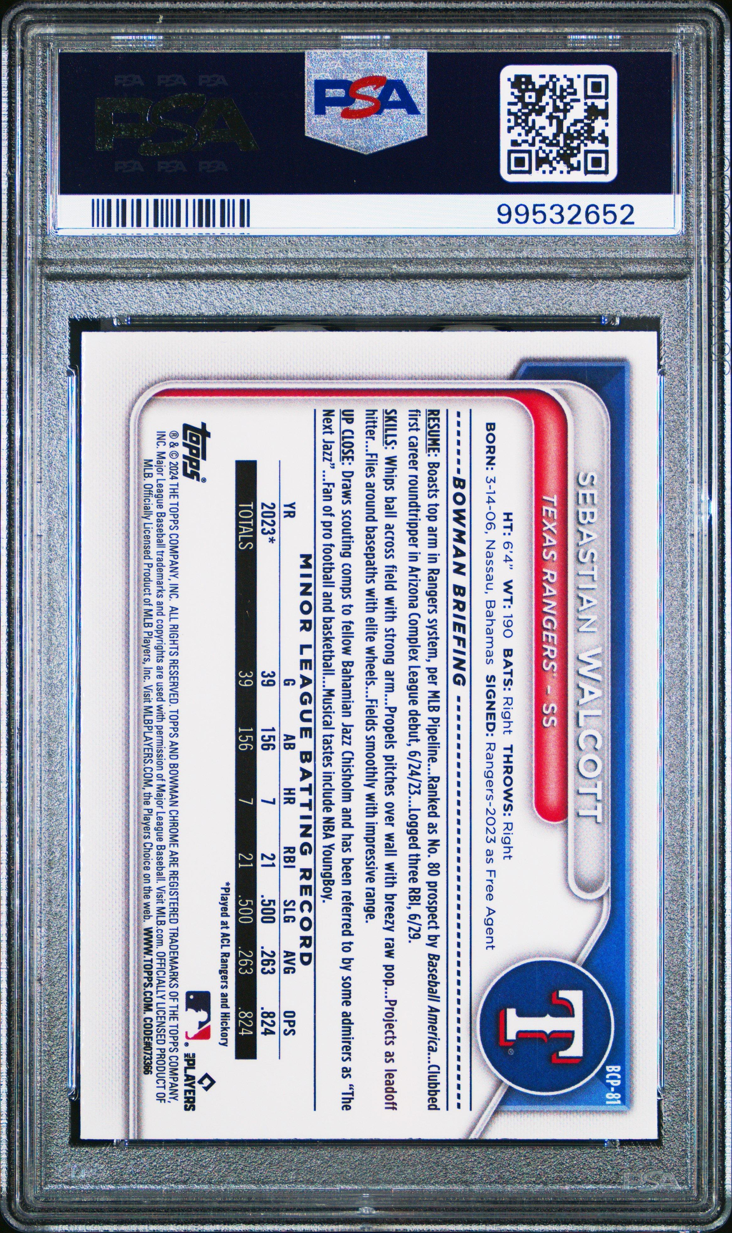 2024 Bowman Mega Box Chrome Prospects 81 Sebastian Walcott Yellow Refractor PSA 10