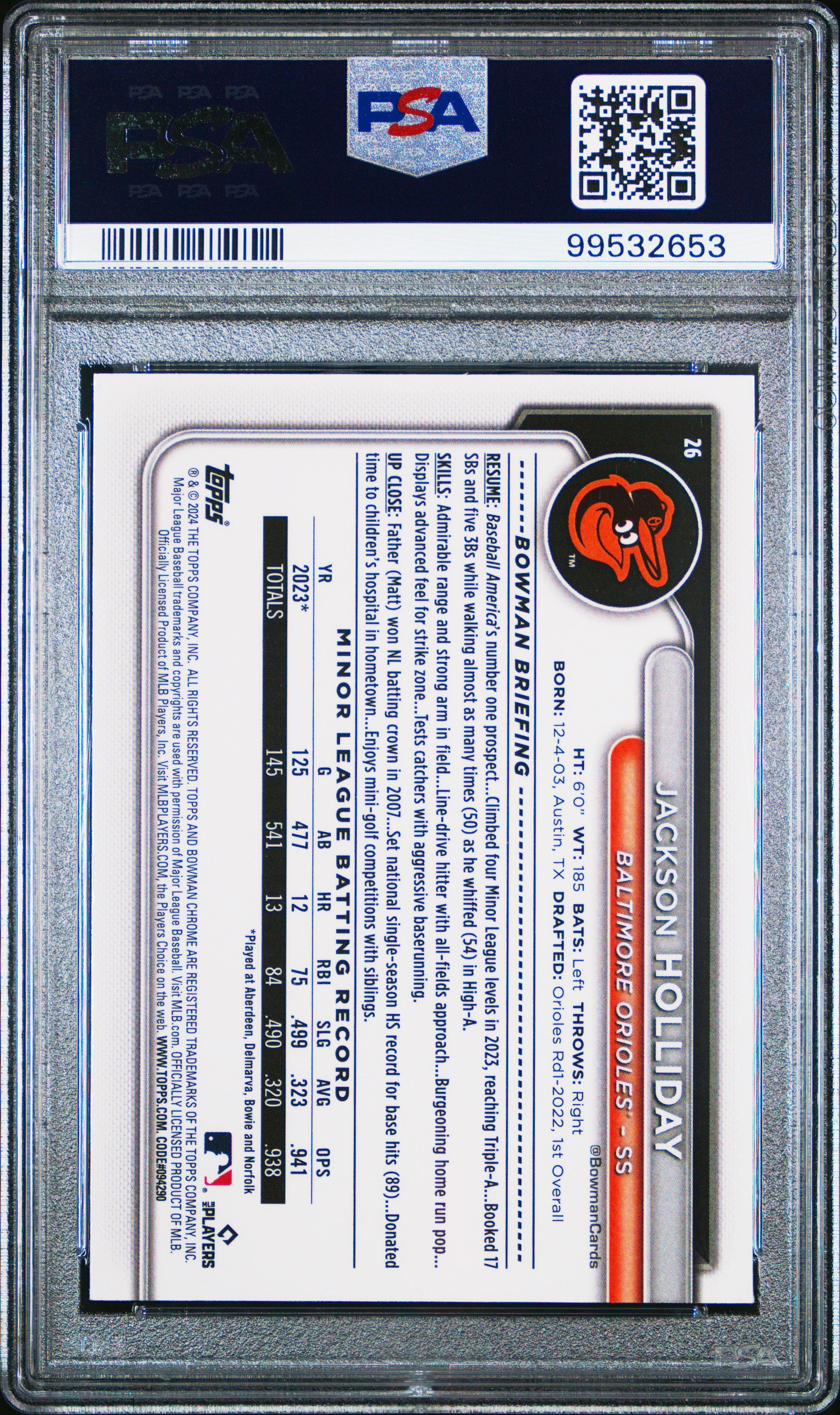 2024 Bowman Chrome Mega Box 26 Jackson Holliday Orange Refractor PSA 10