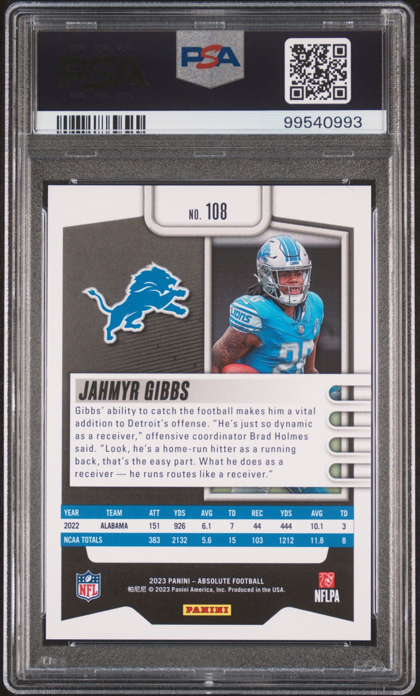 2023 Panini Absolute 108 Jahmyr Gibbs Red Squares PSA 10