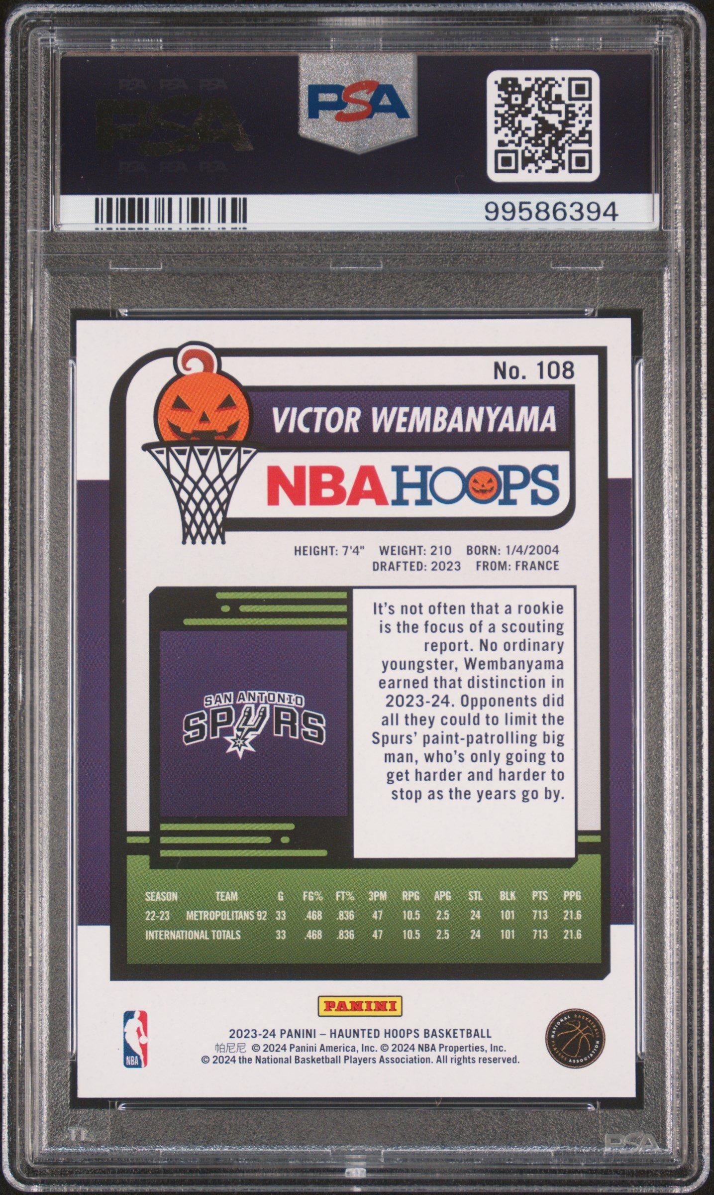 2023 Panini Haunted Hoops 108 Victor Wembanyama Holo Webs PSA 10