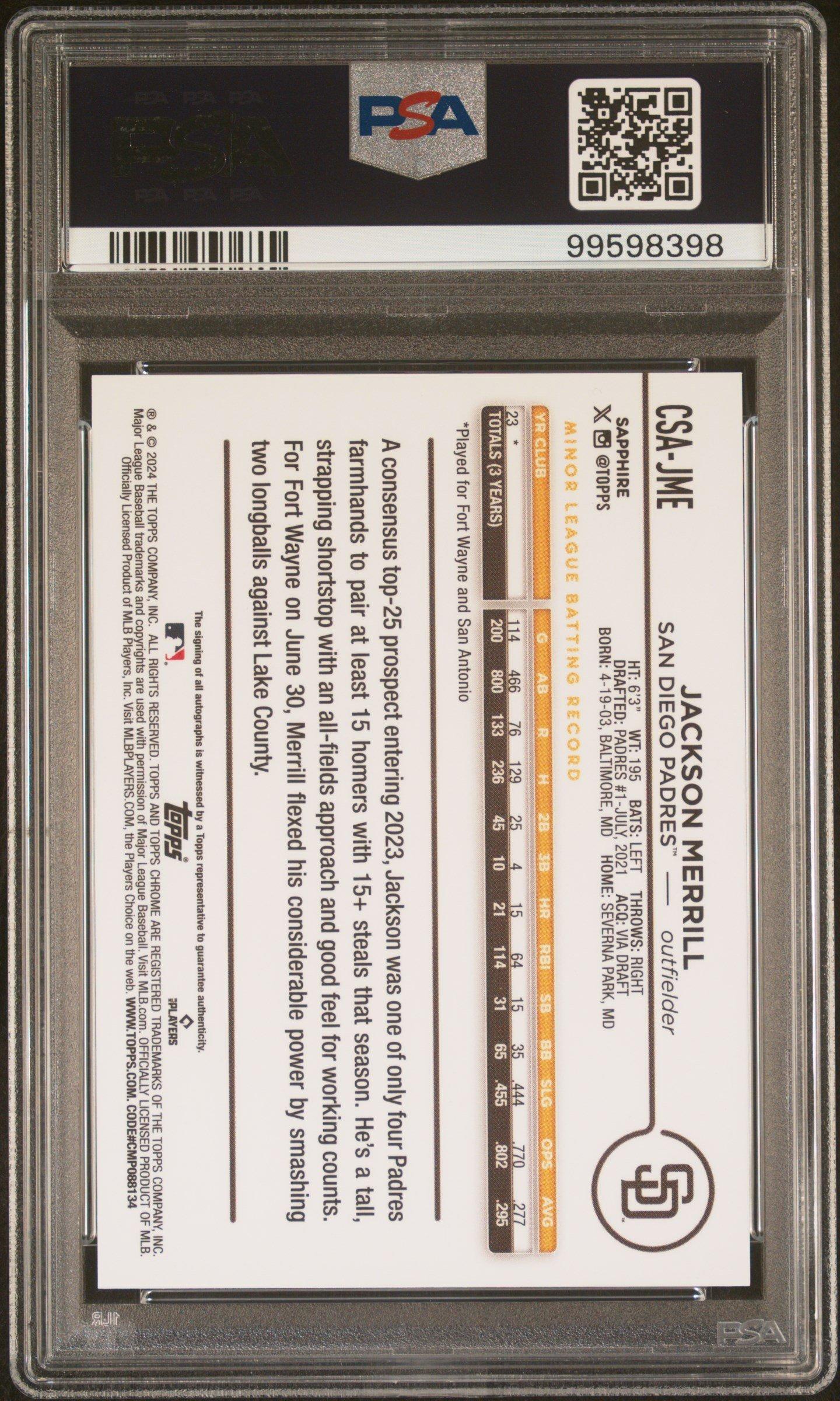 2024 Topps Chrome Sapphire Chrome Sapphire Autographs Csajme Jackson Merrill PSA 10