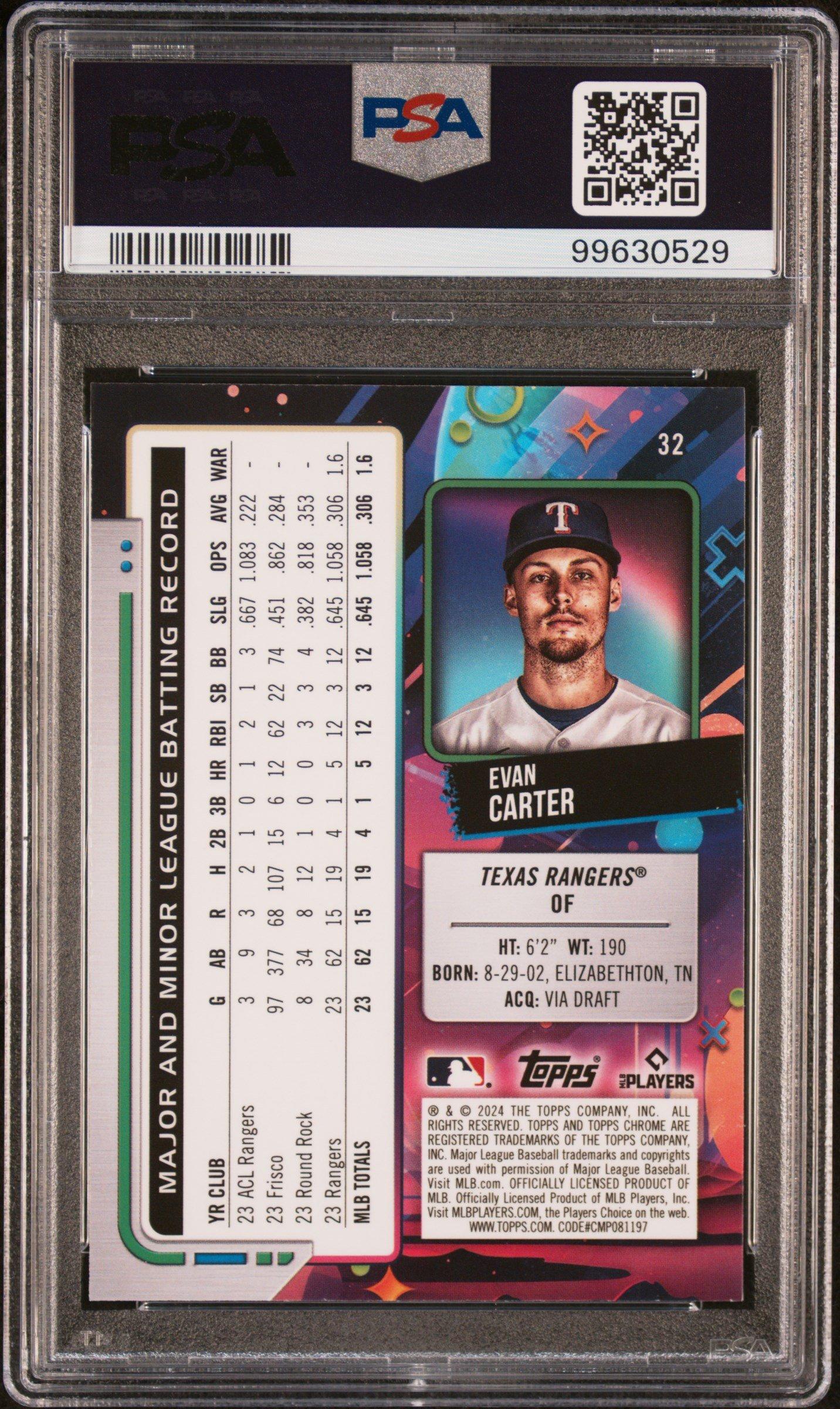 2024 Topps Chrome Cosmic 32 Evan Carter Aqua Equinox Refractor PSA 10