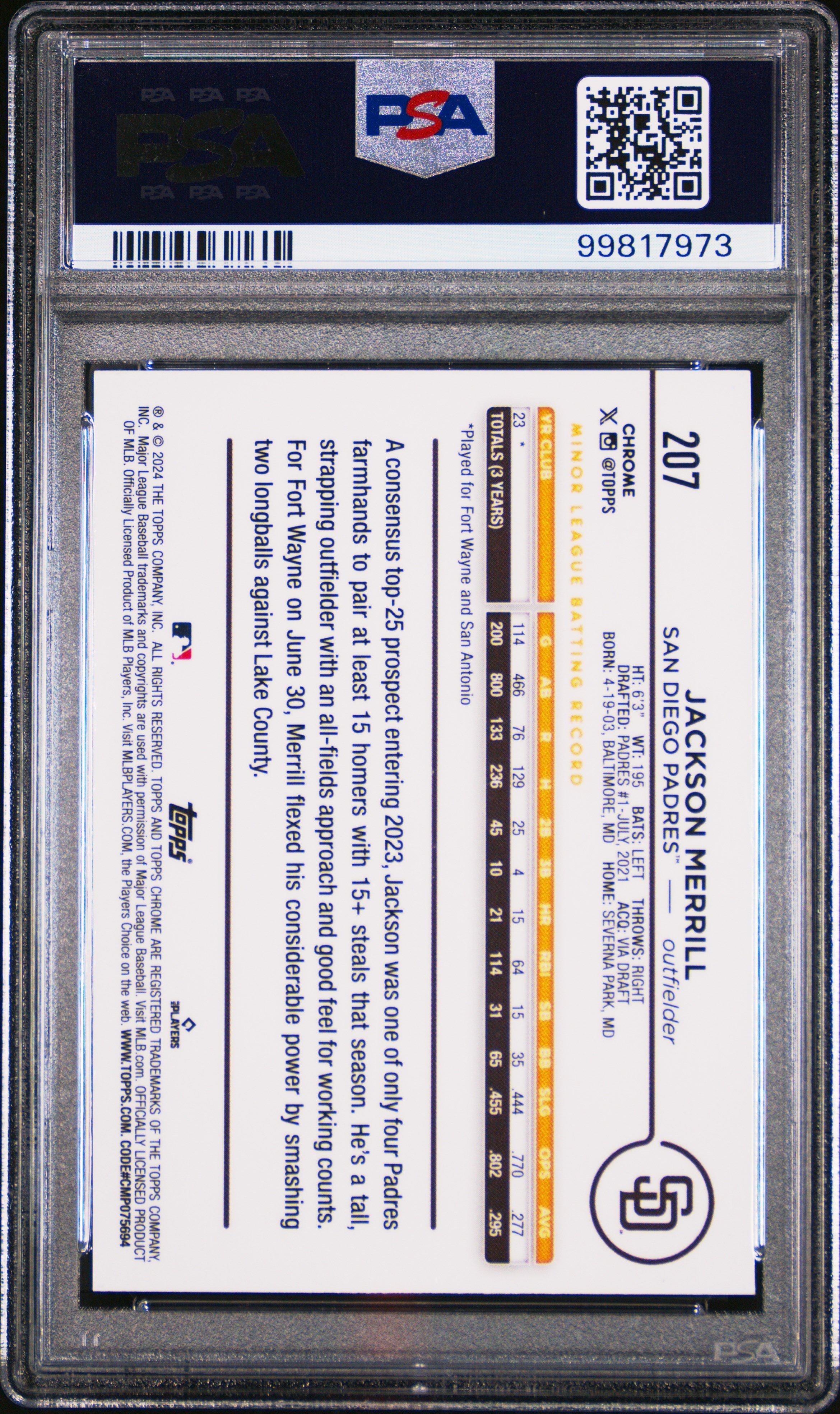 2024 Topps Chrome 207 Jackson Merrill Magenta Speckle Refractor PSA 10
