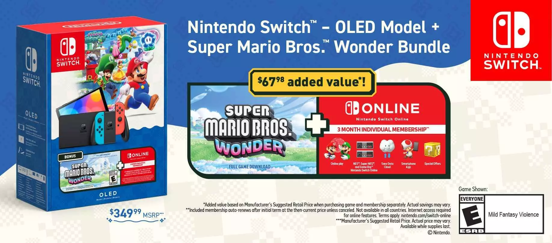Nintendo Switch OLED Super Mario Bros. Wonder Bundle Includes