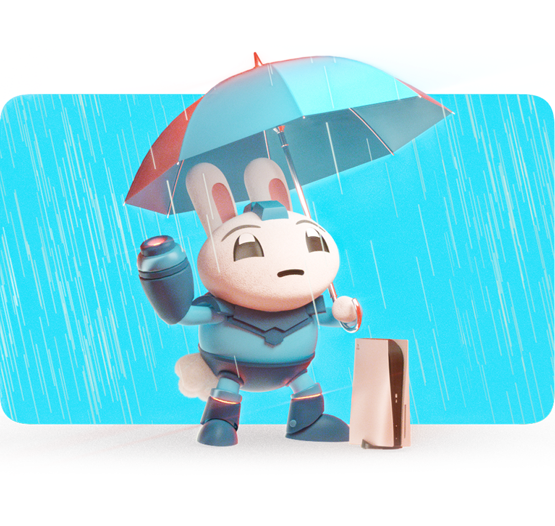 Character with umbrella shielding a console